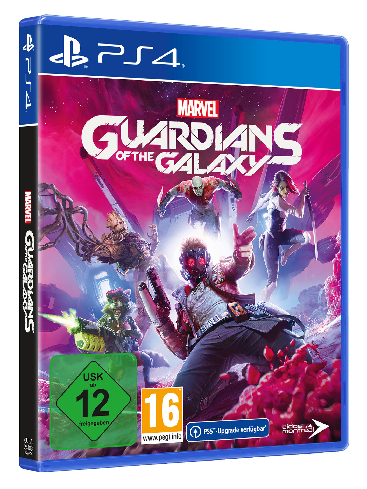 PS4-Spielbox mit Marvel's Guardians of the Galaxy-Charakteren und -Logo.
