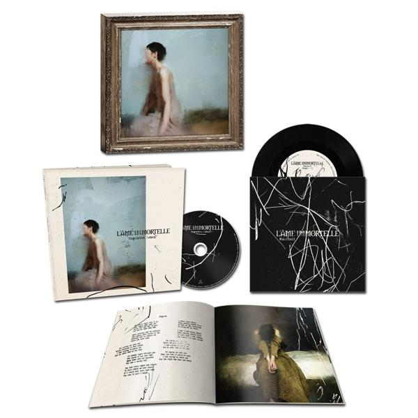 Musikprodukte: Album, CD und LP sowie ein gerahmtes Gemälde und Liedtexte.