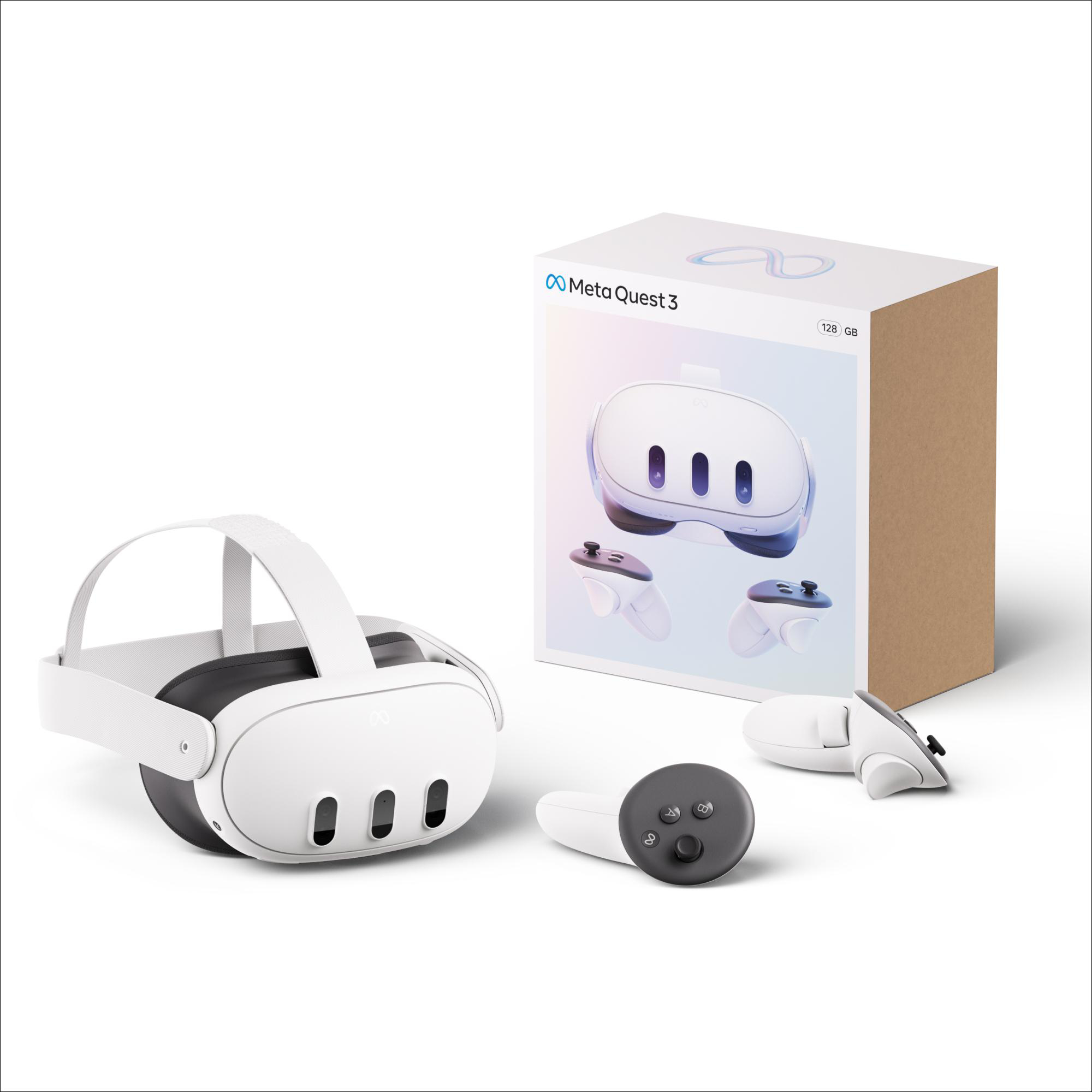 Meta Quest 3 VR-Headset, Controller und Box auf weißem Untergrund. Die Box zeigt das Headset.