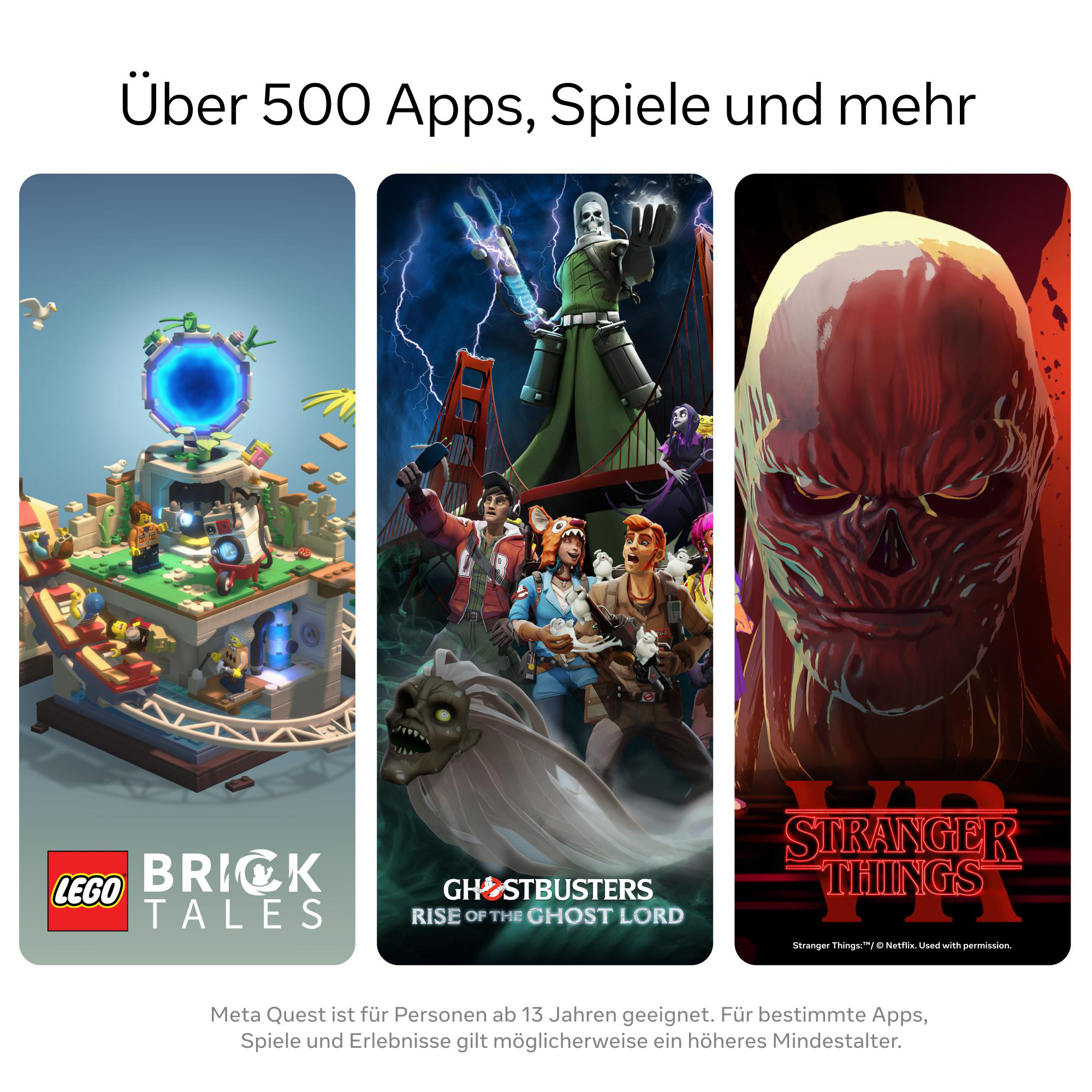 Drei App-Symbole: LEGO, Ghostbusters und Stranger Things, mit Text über Apps und Spiele.