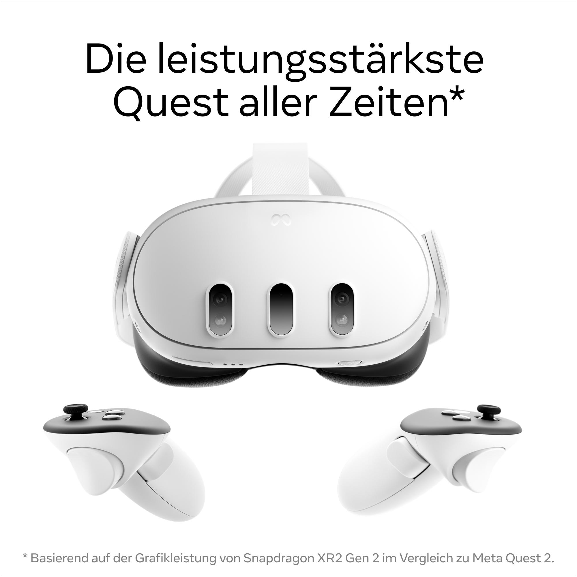 Weißes VR-Headset mit Controllern. Text darüber lautet: 'Die leistungsstärkste Quest aller Zeiten'.