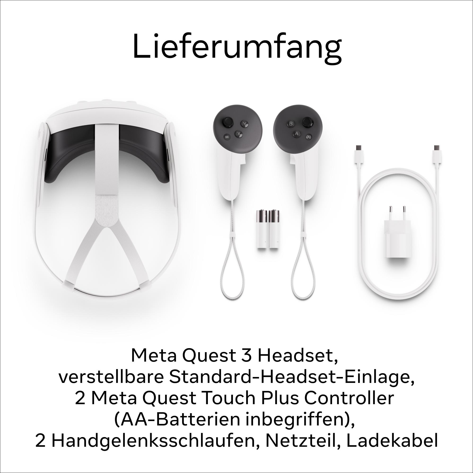 Weißes VR-Headset, zwei Controller, AA-Batterien, Ladegerät und Kabel.