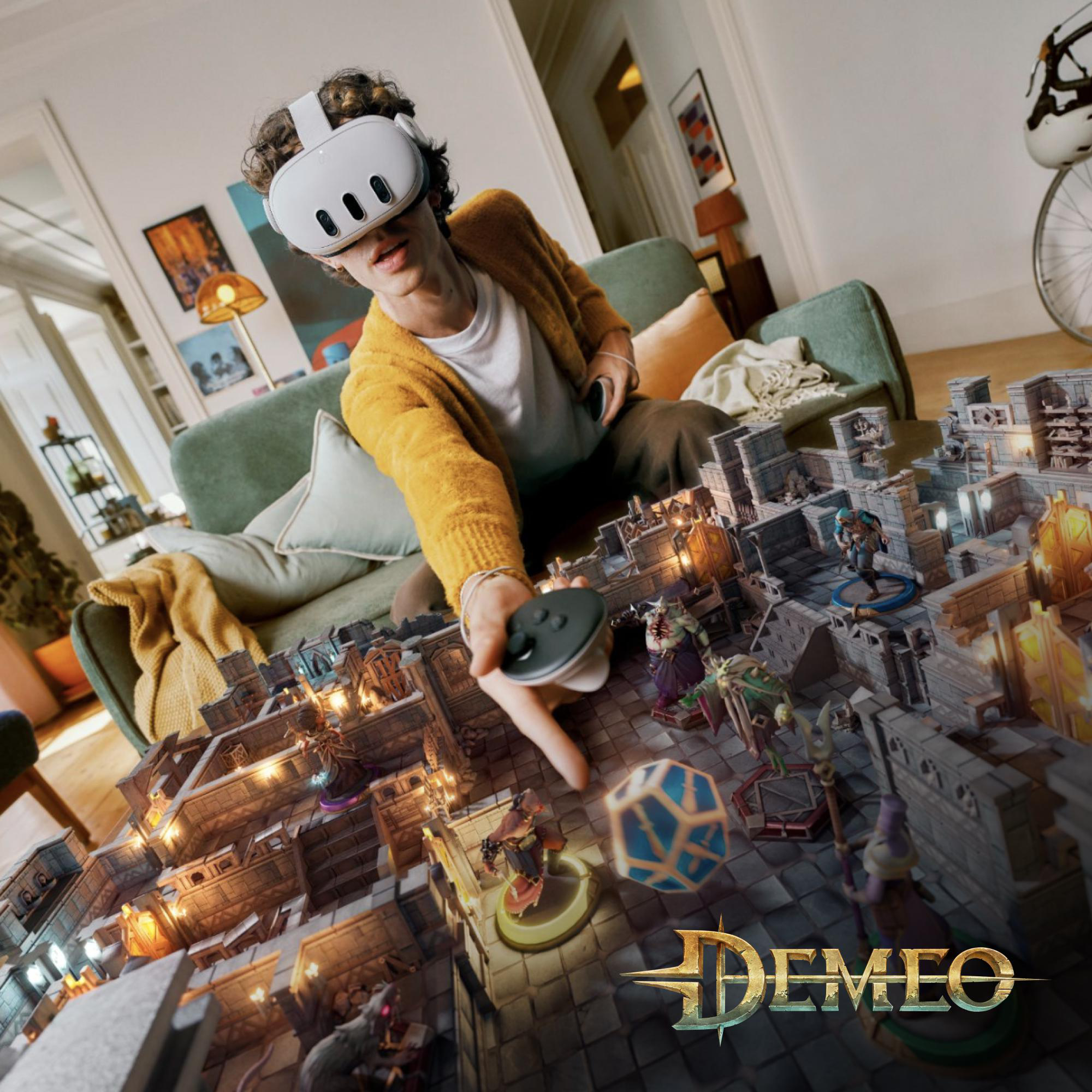 Eine Person benutzt ein VR-Headset und interagiert mit einem Fantasy-Tischspiel.