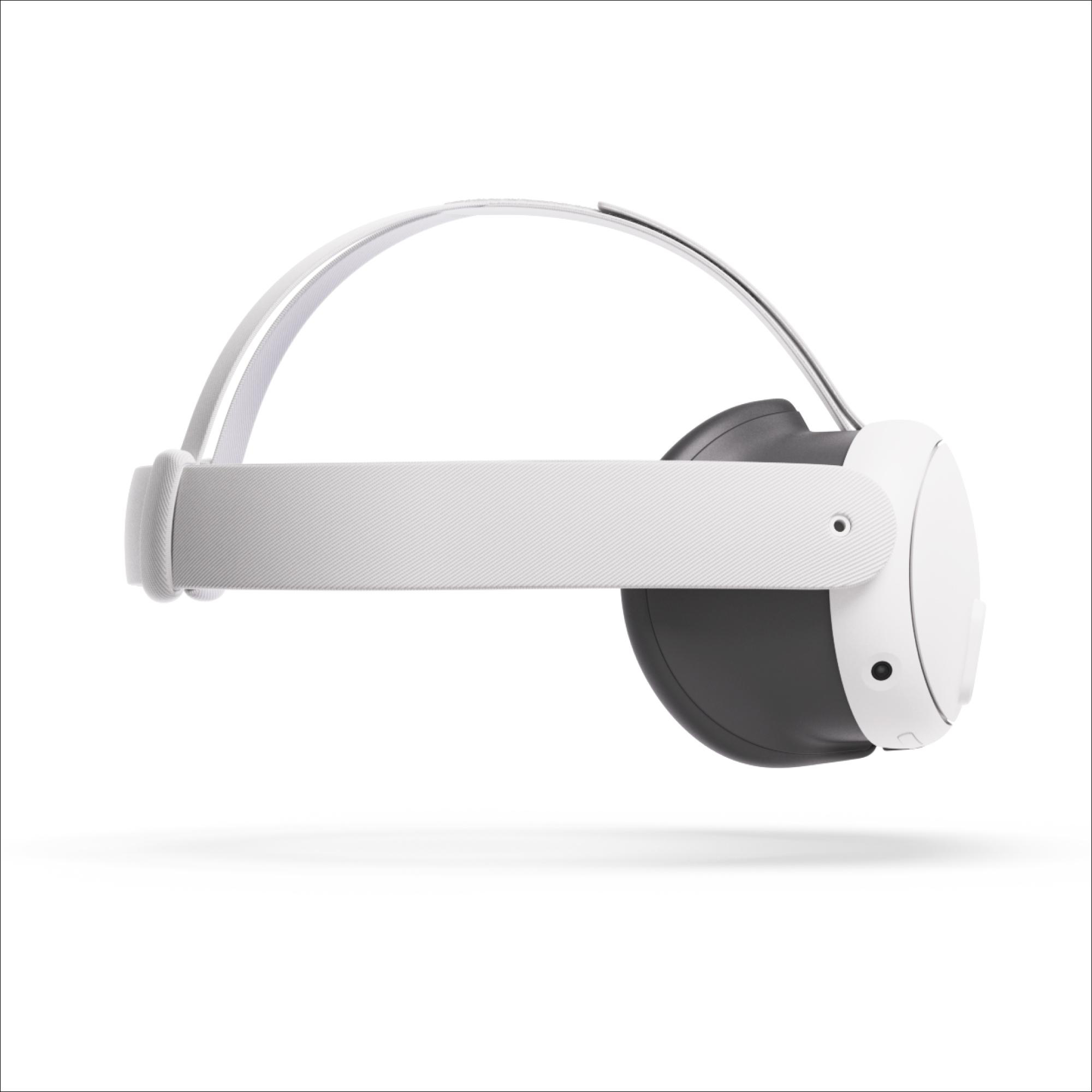 Weißes VR-Headset, Seitenansicht, mit weißem Riemen und dunkelgrauem Headset, schwebend.