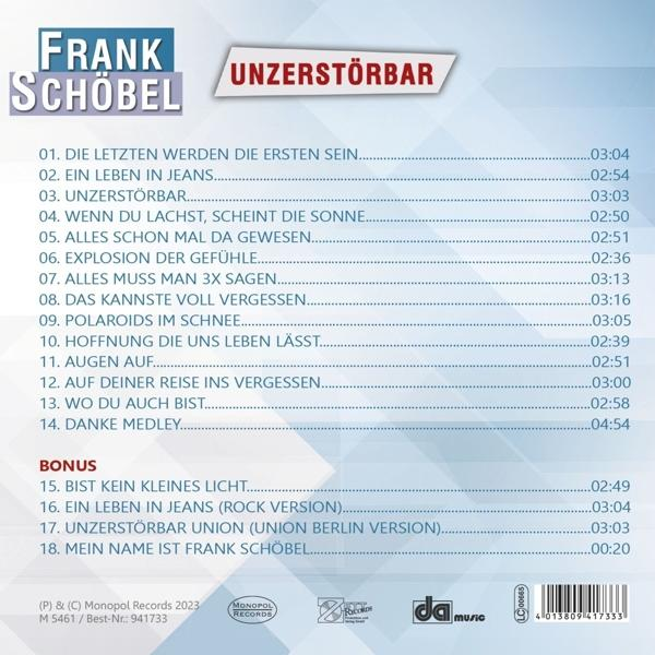 Ein CD-Cover mit dem Titel 'Frank Schöbel Unzerstörbar' und einer Trackliste auf weißem Hintergrund.