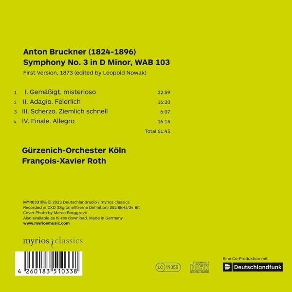 Albumcover mit Text über Anton Bruckners Symphonie Nr. 3 in d-Moll, mit Titeln und Zeiten.
