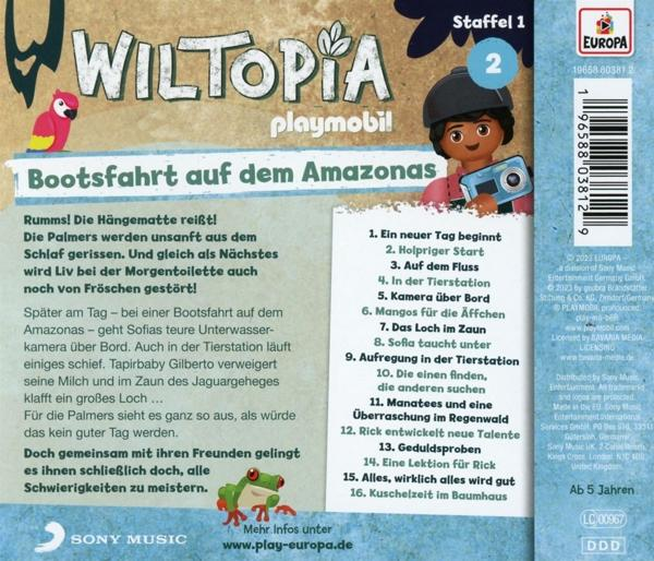 Rückseite einer Wiltopia Playmobil DVD-Hülle. Zeichentrickfiguren und Text.
