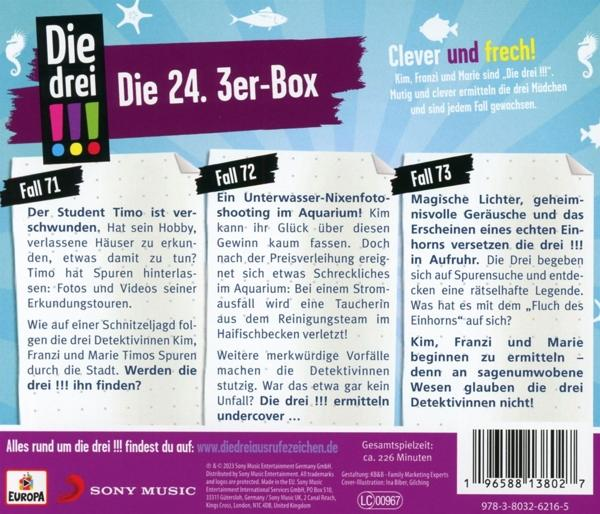 Rückseite einer DVD-Hülle von Die drei ??? mit Text und Bildern. Der Umschlag ist lila, weiß und gelb.