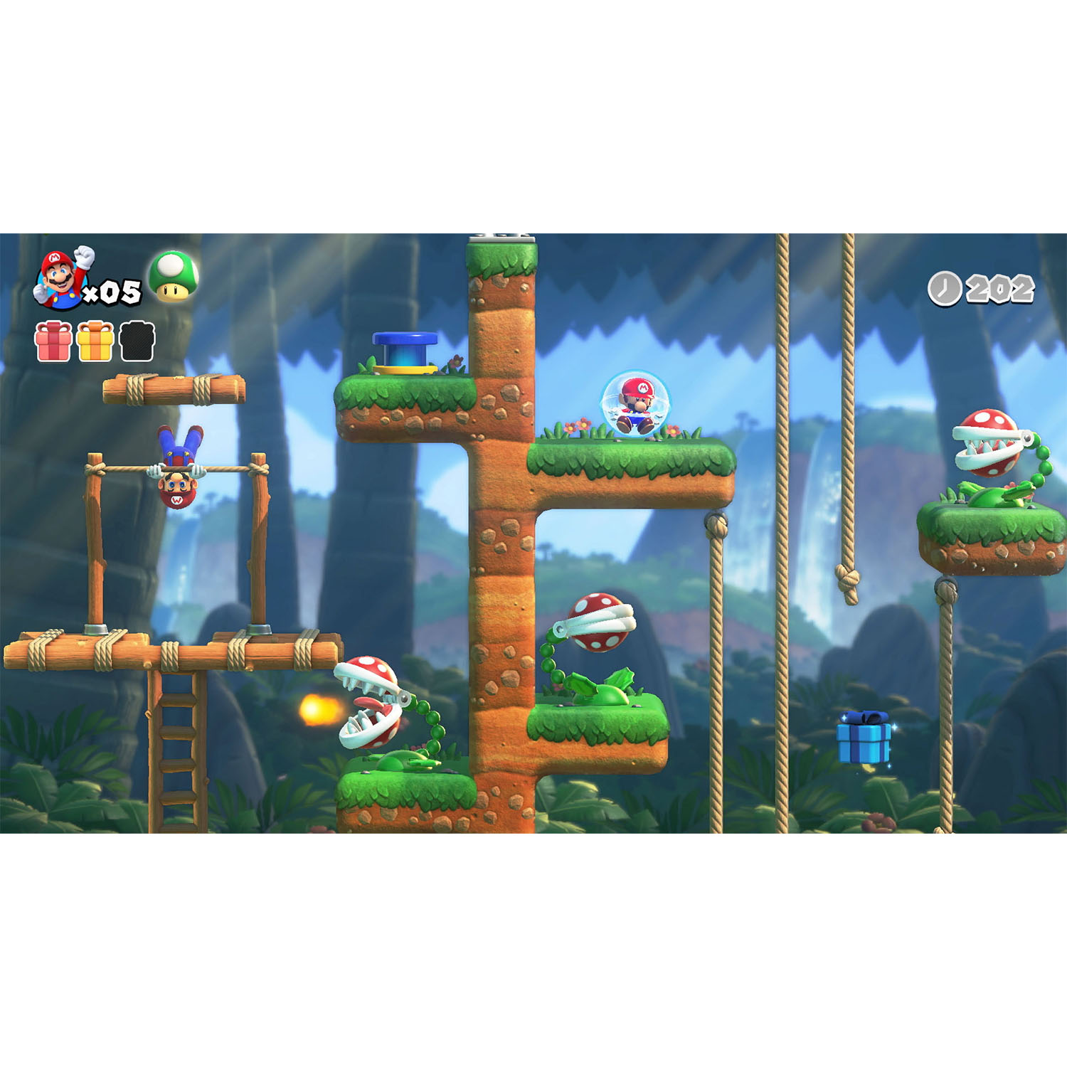 Schermata di un gioco di Super Mario Bros., scena della giungla con personaggi e ostacoli.