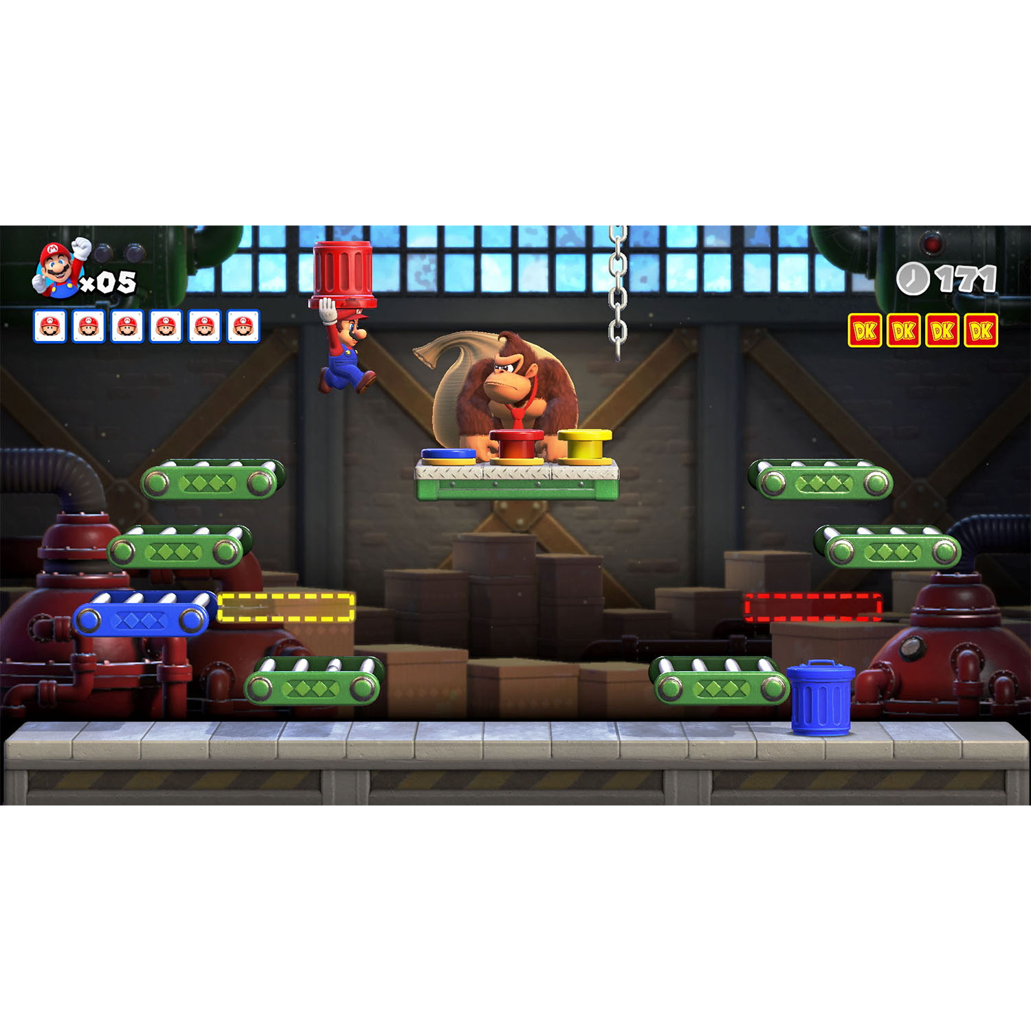 Schermata di gioco Nintendo. Mario salta per colpire un blocco, Donkey Kong è su una cassa.