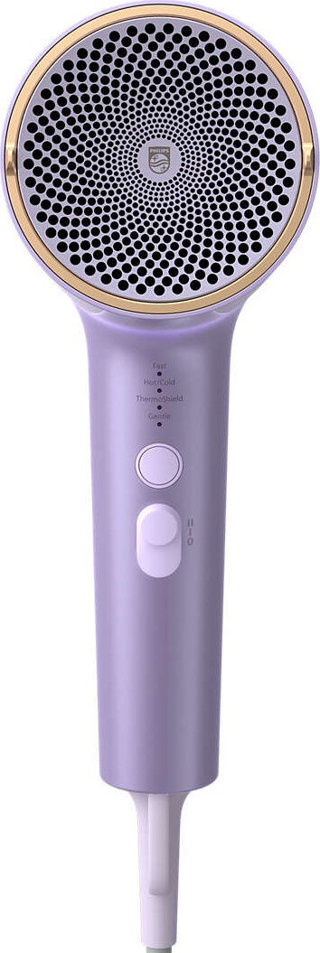 Lawendowa suszarka do włosów z okrągłą głowicą i ustawieniami.