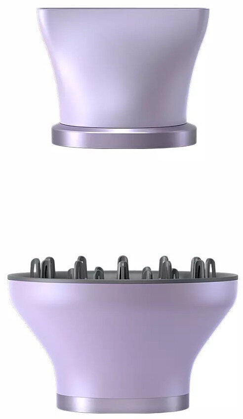 Dwie części suszarki do włosów, korpus i nasadka dyfuzora, oba w kolorze lawendy.