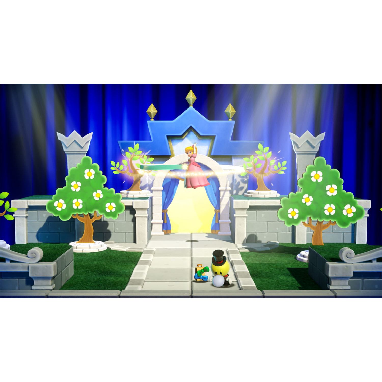 Scena di videogioco: Principessa sul palco, due personaggi, alberi verdi, sfondo blu.