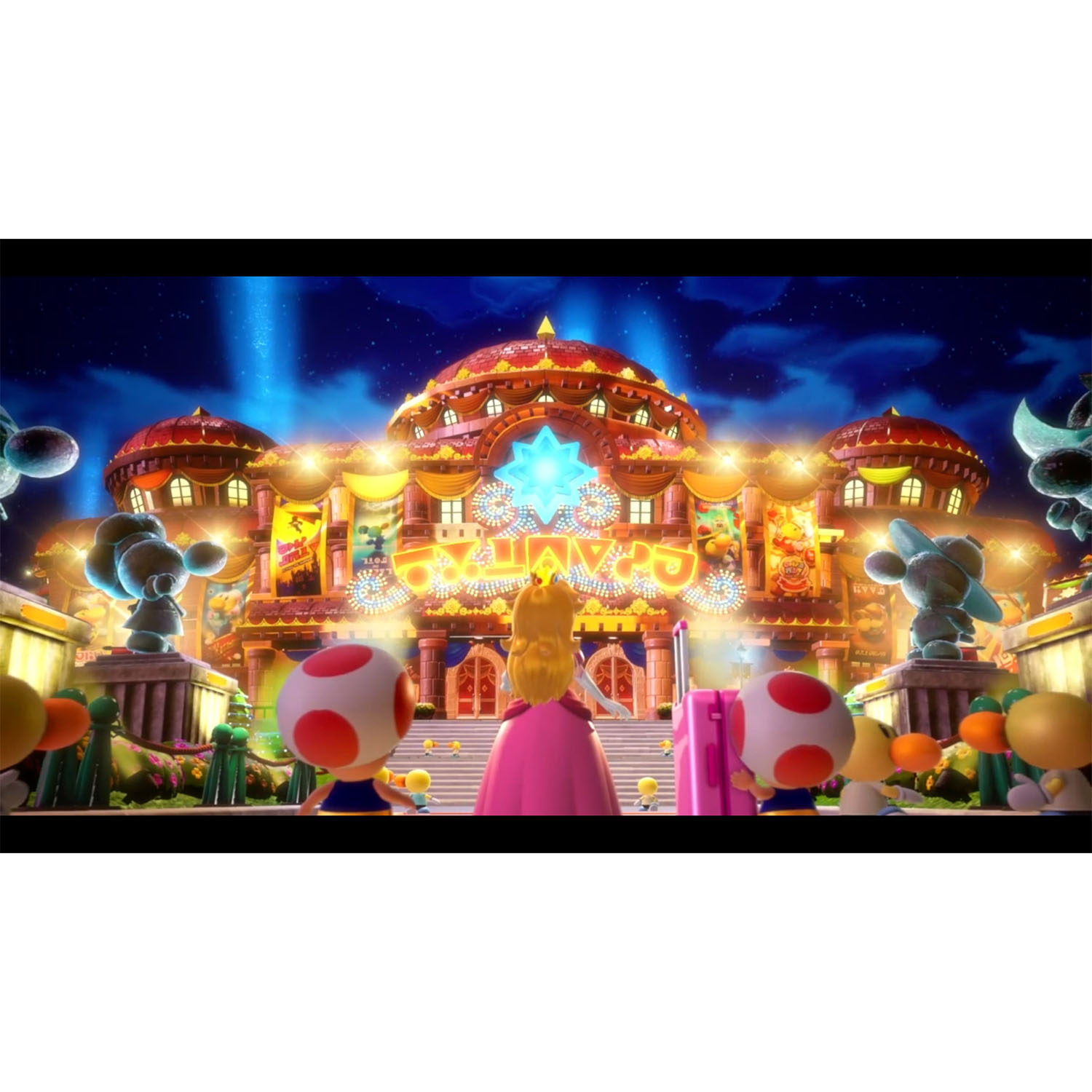 La Principessa Peach affronta un grande palco in un'ambientazione di gioco, circondata da personaggi e luci.