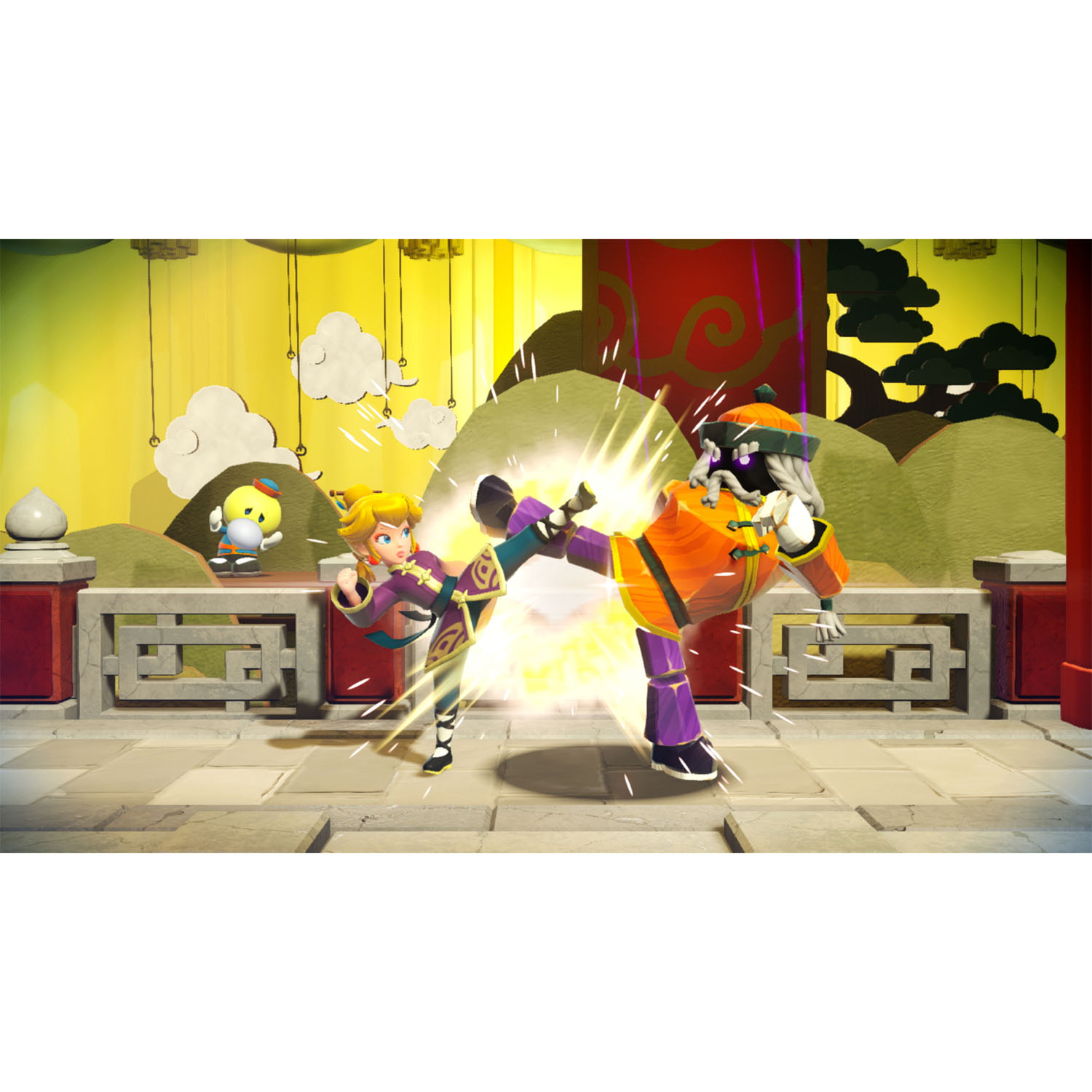 Scena di videogioco. Due personaggi in una scena di combattimento. Uno prende a calci l'altro, entrambi in costumi colorati.