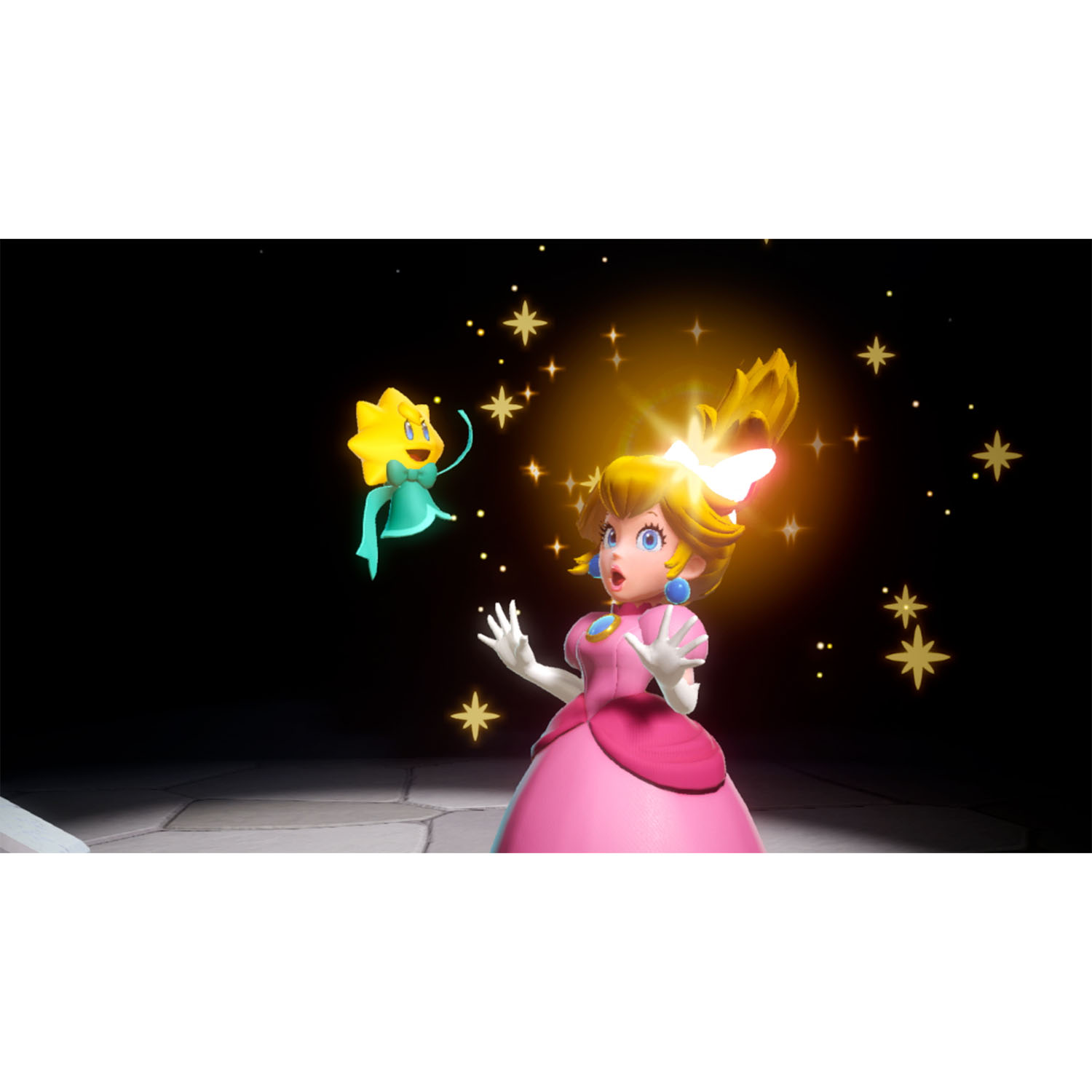 Principessa Peach con una corona luminosa, interagisce con una creatura gialla a forma di fiore con uno stelo blu.