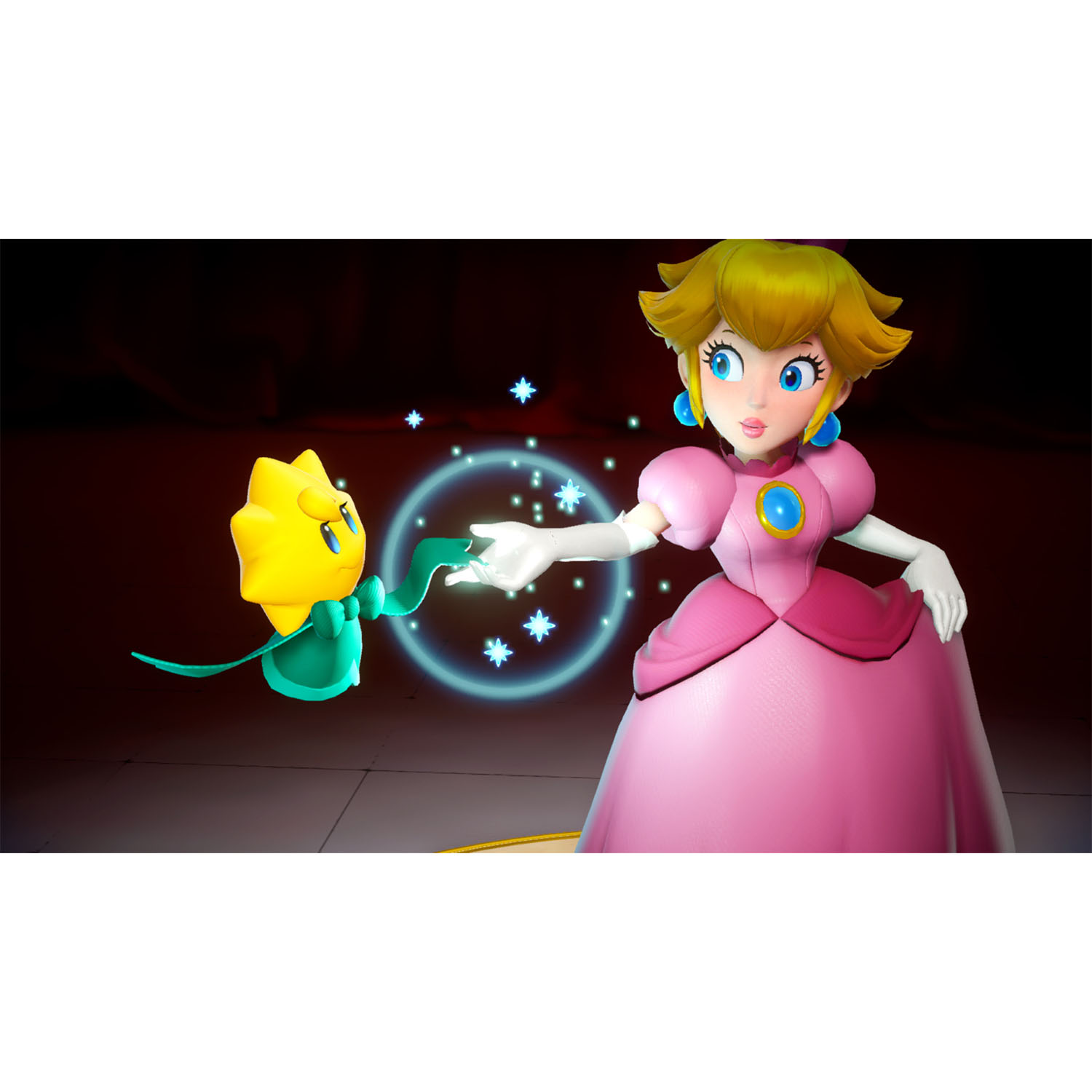 Principessa Peach e un personaggio a forma di fiore giallo. Entrambi in una scena colorata.