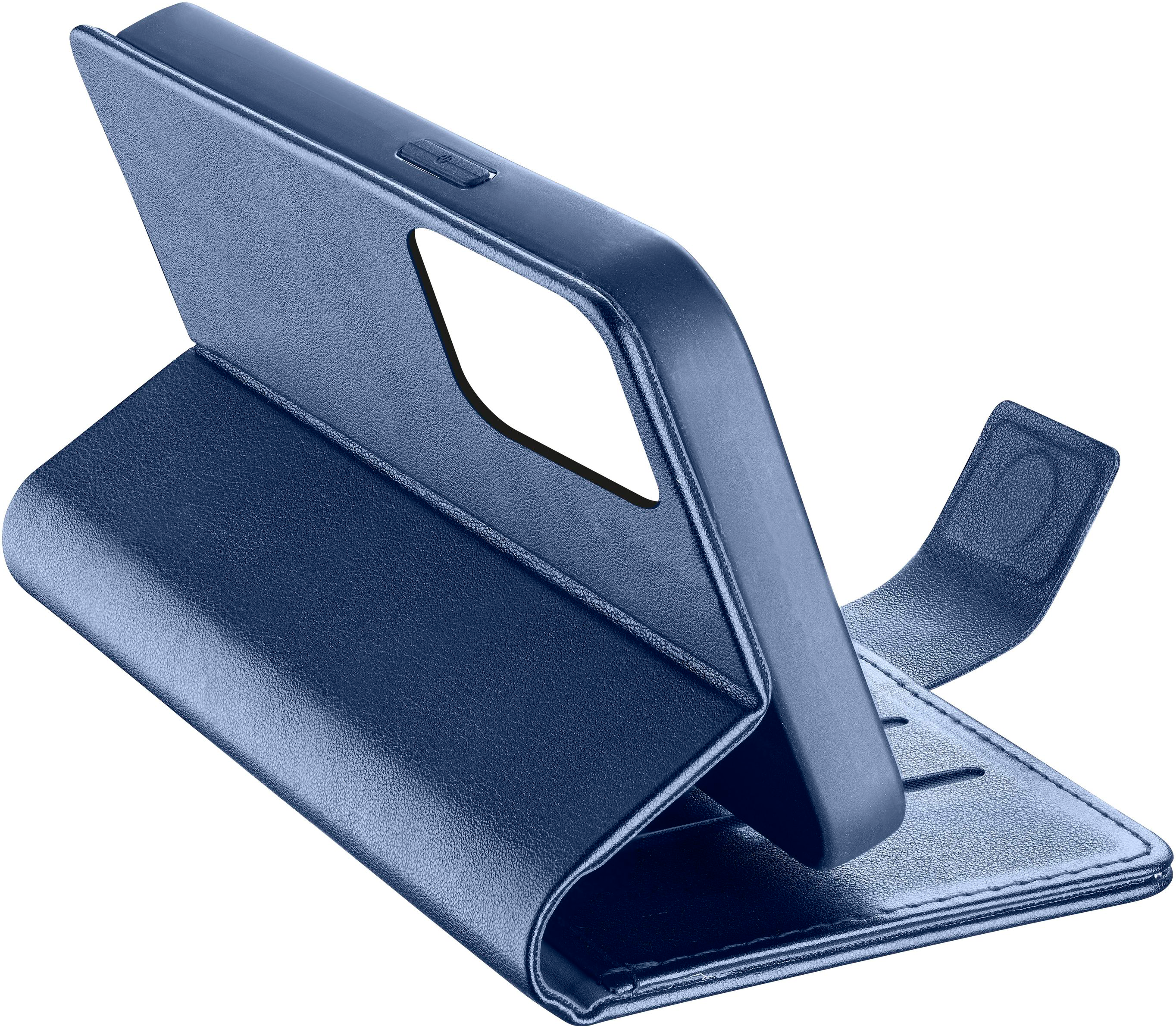 Blaue Handyhülle. Sie ist geöffnet und gibt das Innere frei. Das Design hat Folio-Stil.