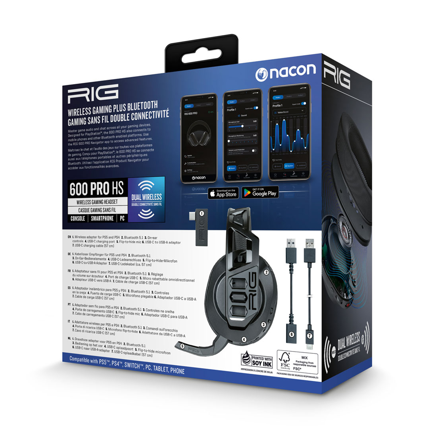 Scatola per cuffie nera e grigia, che mostra le cuffie e gli accessori. Include informazioni Bluetooth e dual wireless.