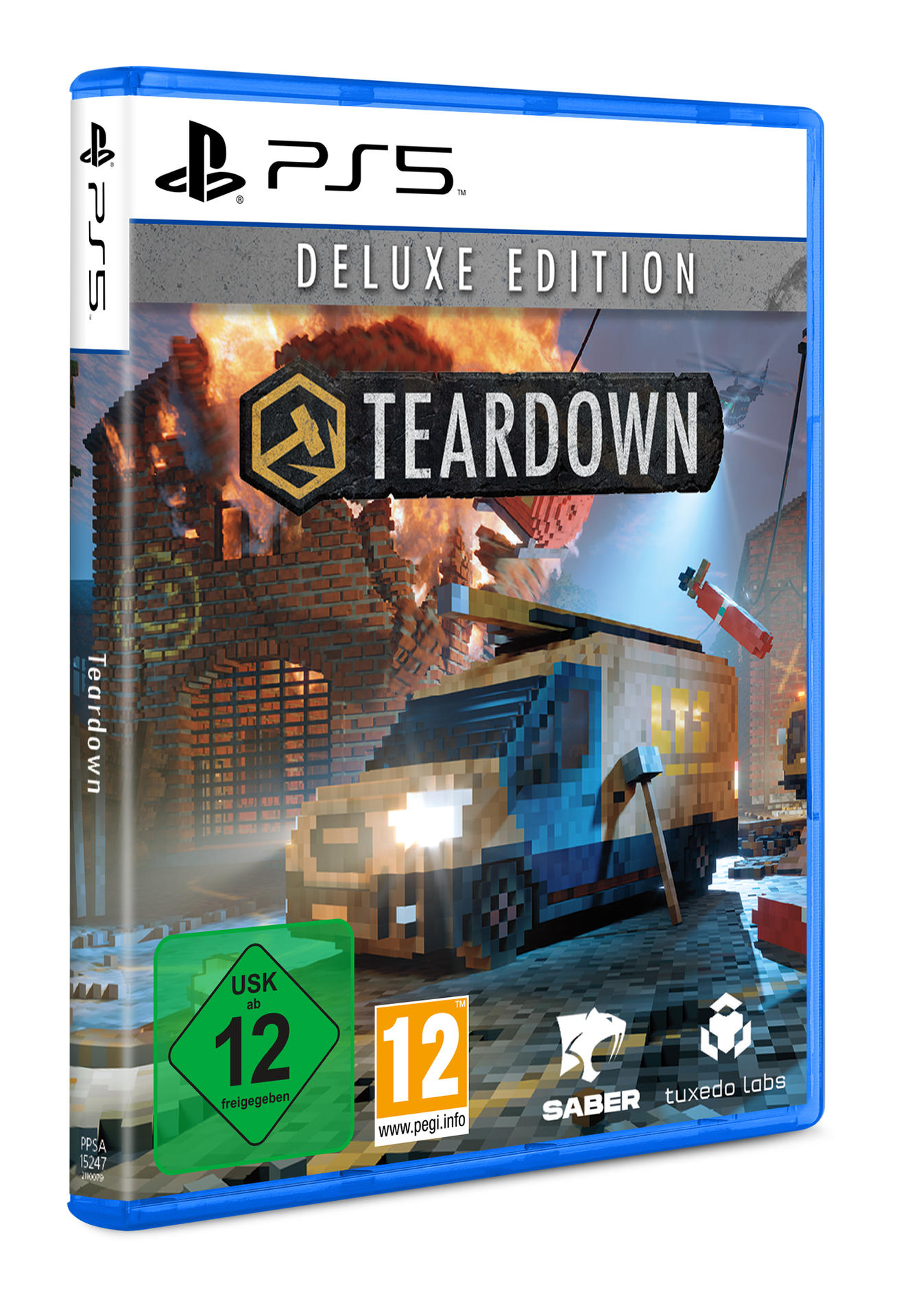 Eine PS5-Spielbox. Das Cover zeigt eine Szene im Voxel-Stil eines Gebäudes und eines Fahrzeugs. Die Box ist blau.