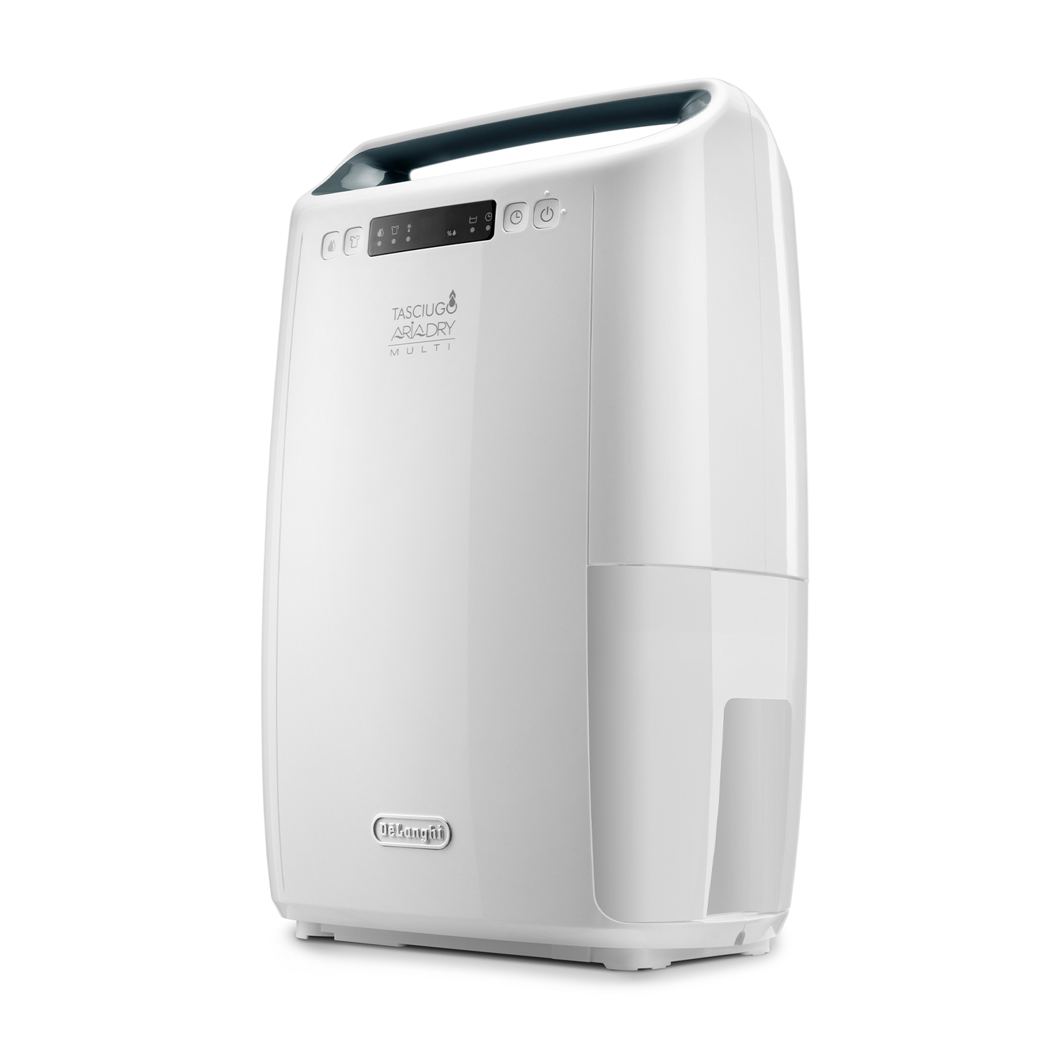 Deumidificatore bianco con maniglia e display digitale, marchio DeLonghi.