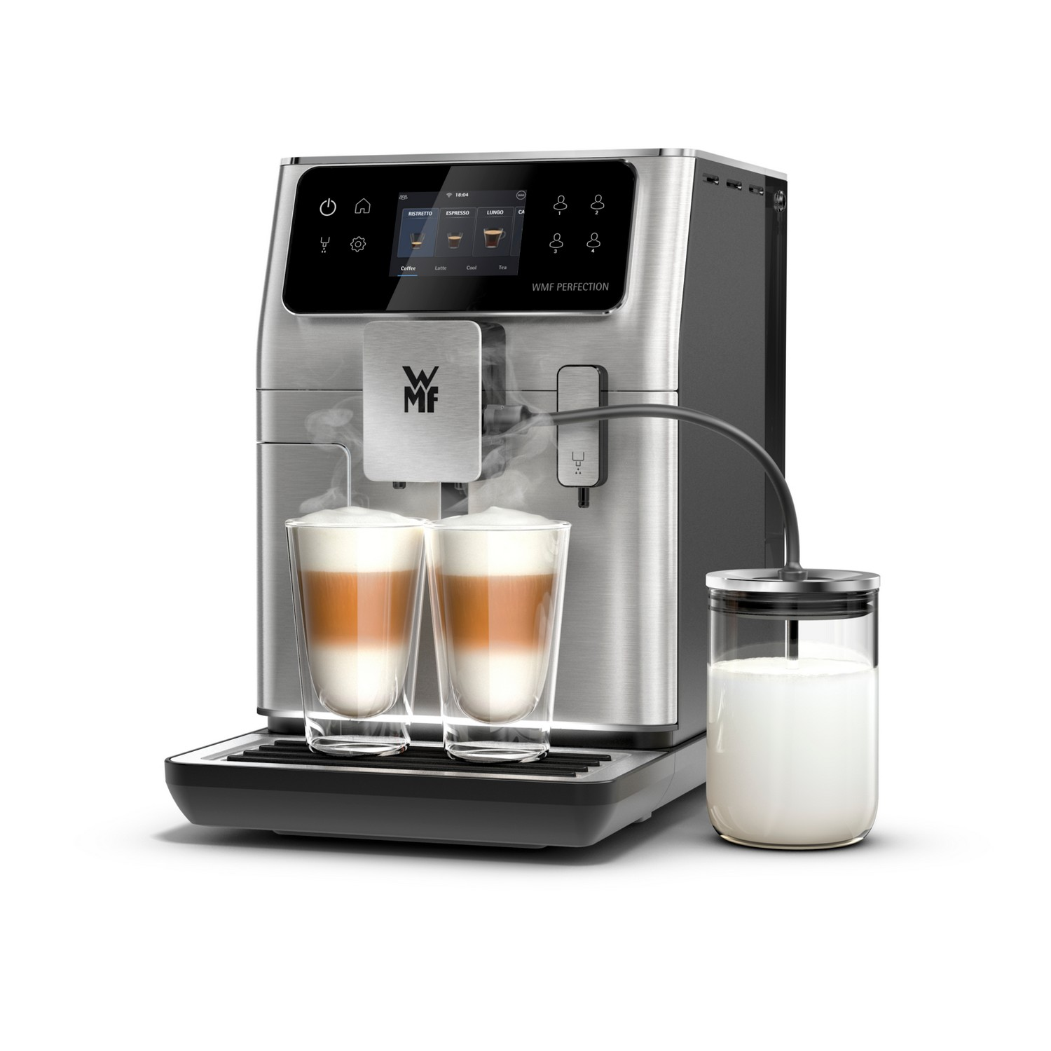 Coffee machine. Two glasses of latte and a milk container. Stainless steel finish and touch screen.