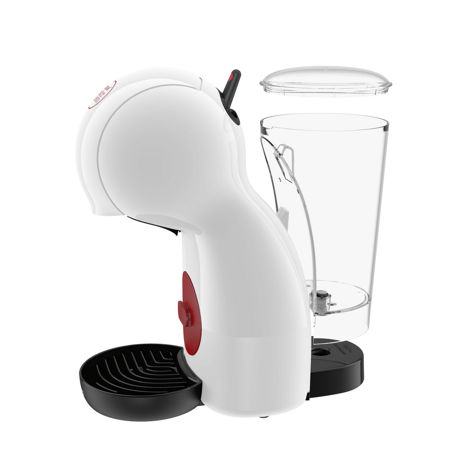 White coffee machine with red button. Water reservoir and cup are separate.