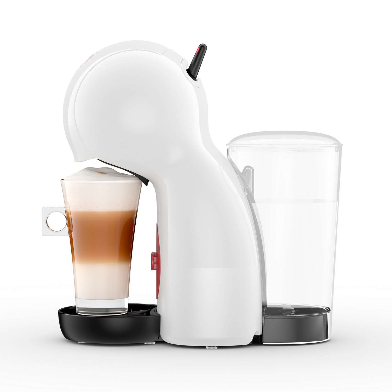 White and red coffee machine with a glass of coffee and a water tank on a white background.