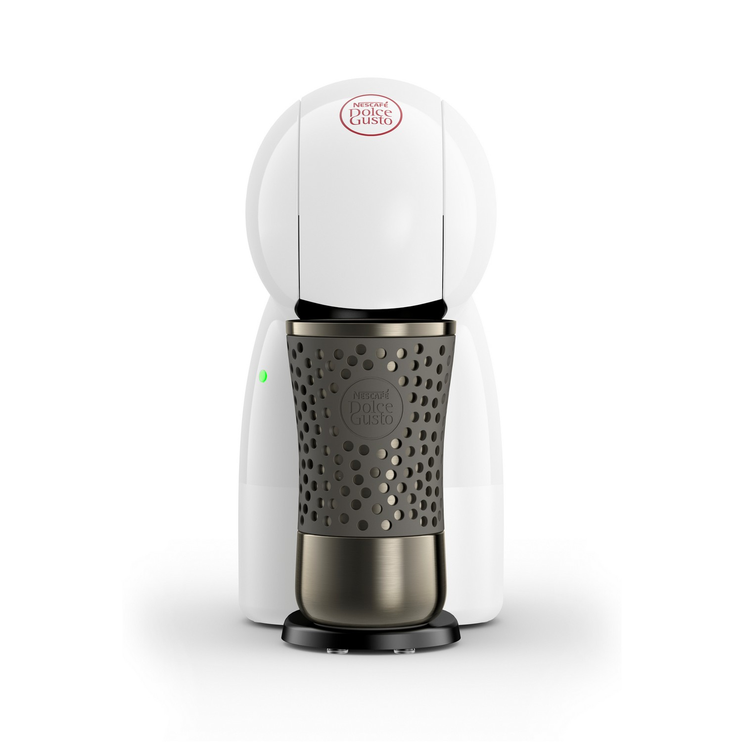 White coffee machine with a dark cup holder. A green light is on.