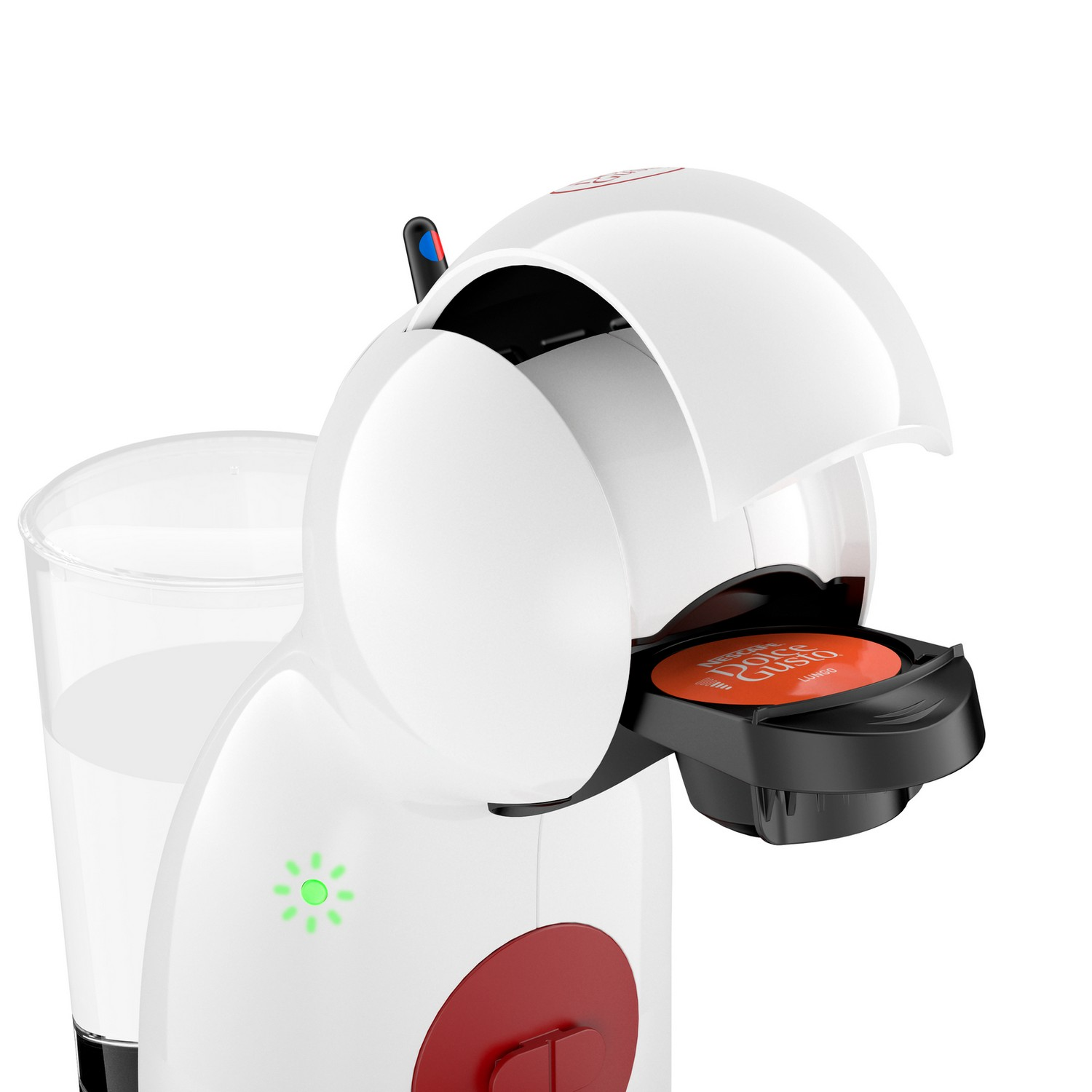 A white coffee machine with a red circle and a cup on the left. The machine is open, with a capsule inside.