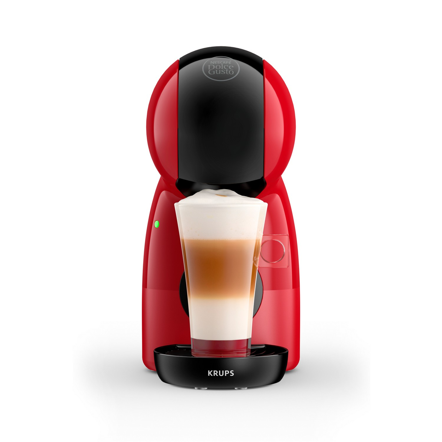 Een rode Nescafé Dolce Gusto koffiemachine met een zwarte basis en een kopje gelaagde koffie.
