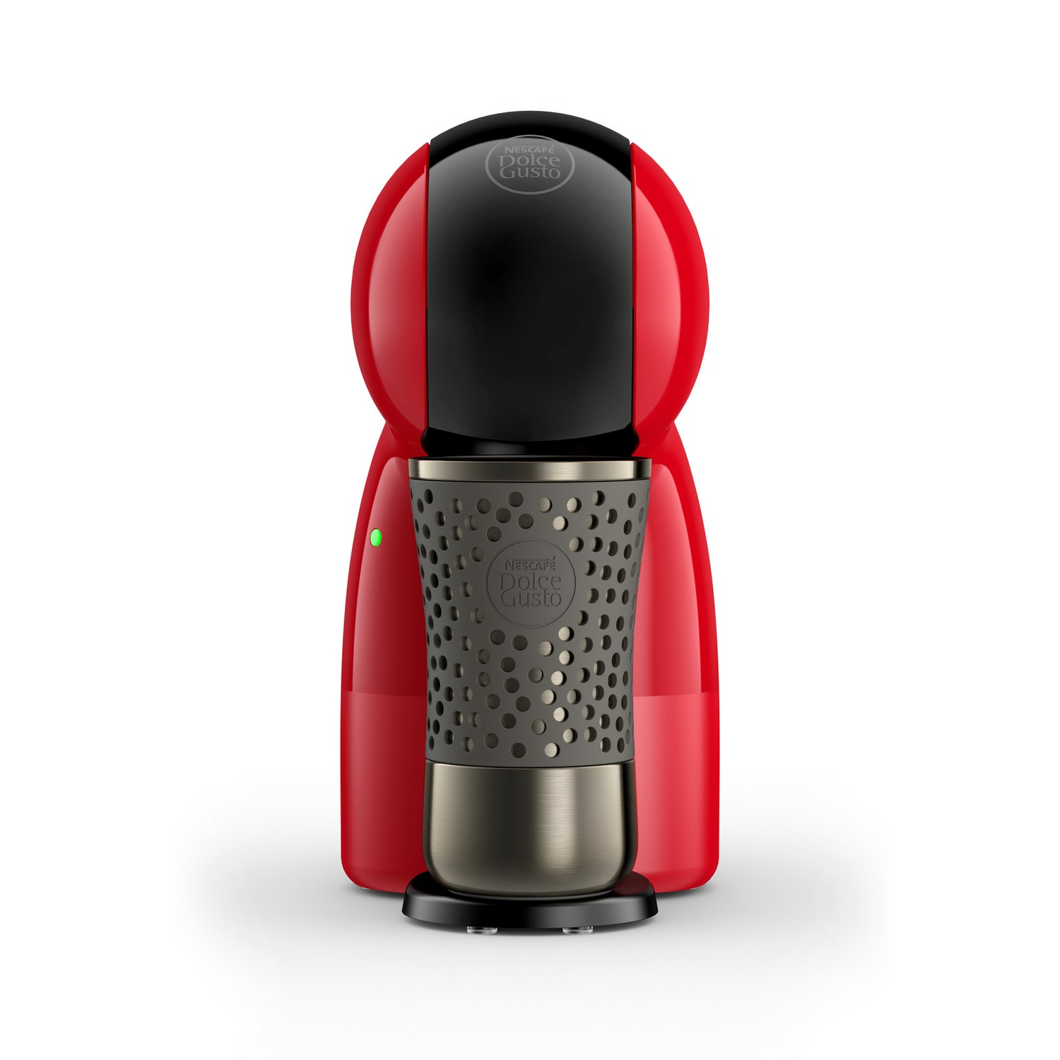 Rode en zwarte Dolce Gusto koffiemaker met een zilveren bekerhouder.