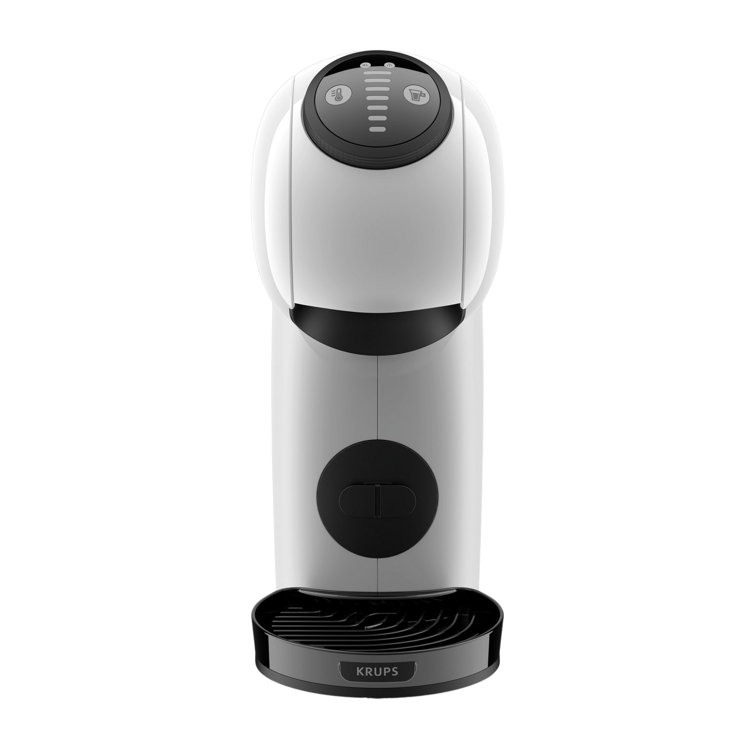 White Krups coffee machine, with black top buttons, and a black drip tray.