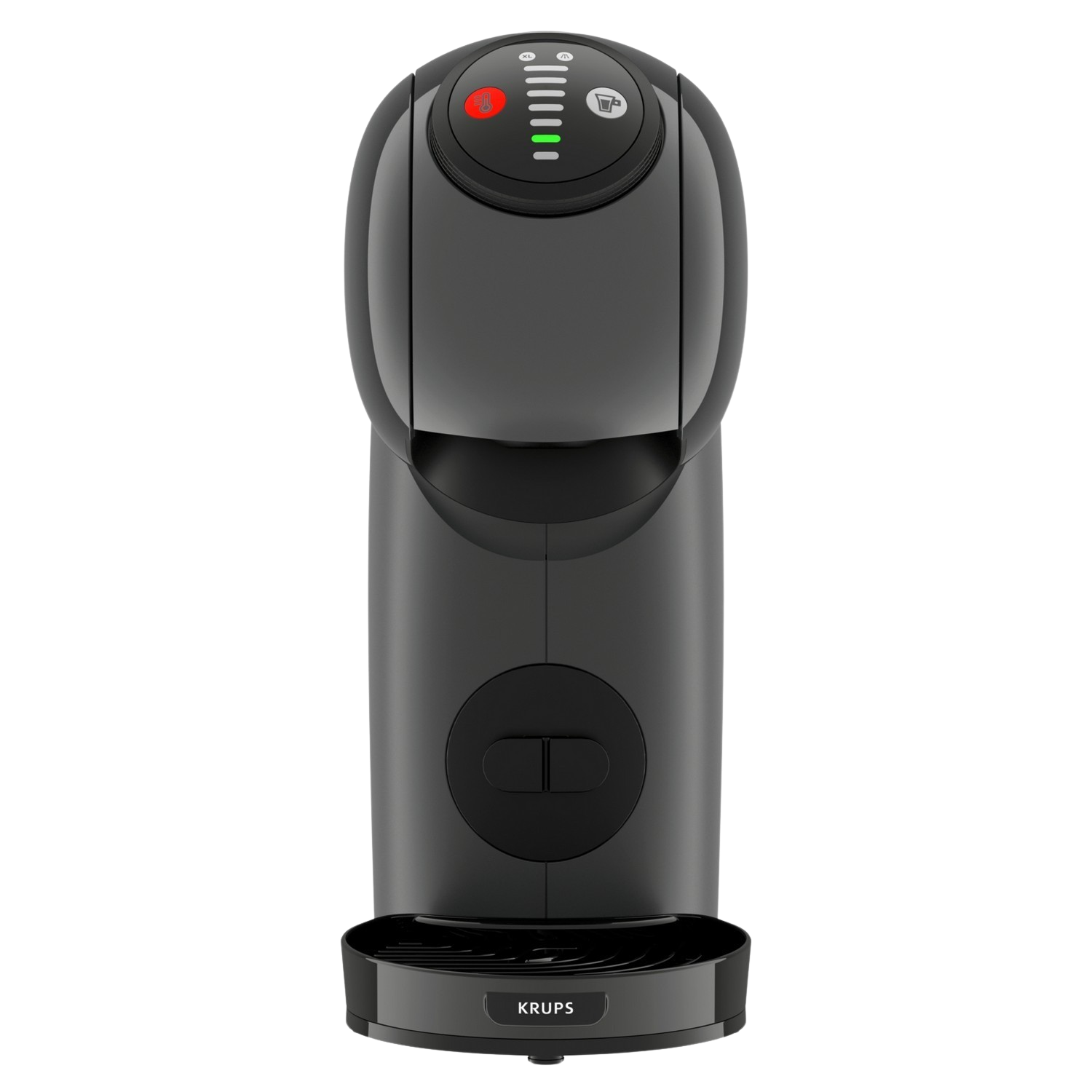 Black Dolce Gusto coffee machine with a black base. The top has lights and buttons.