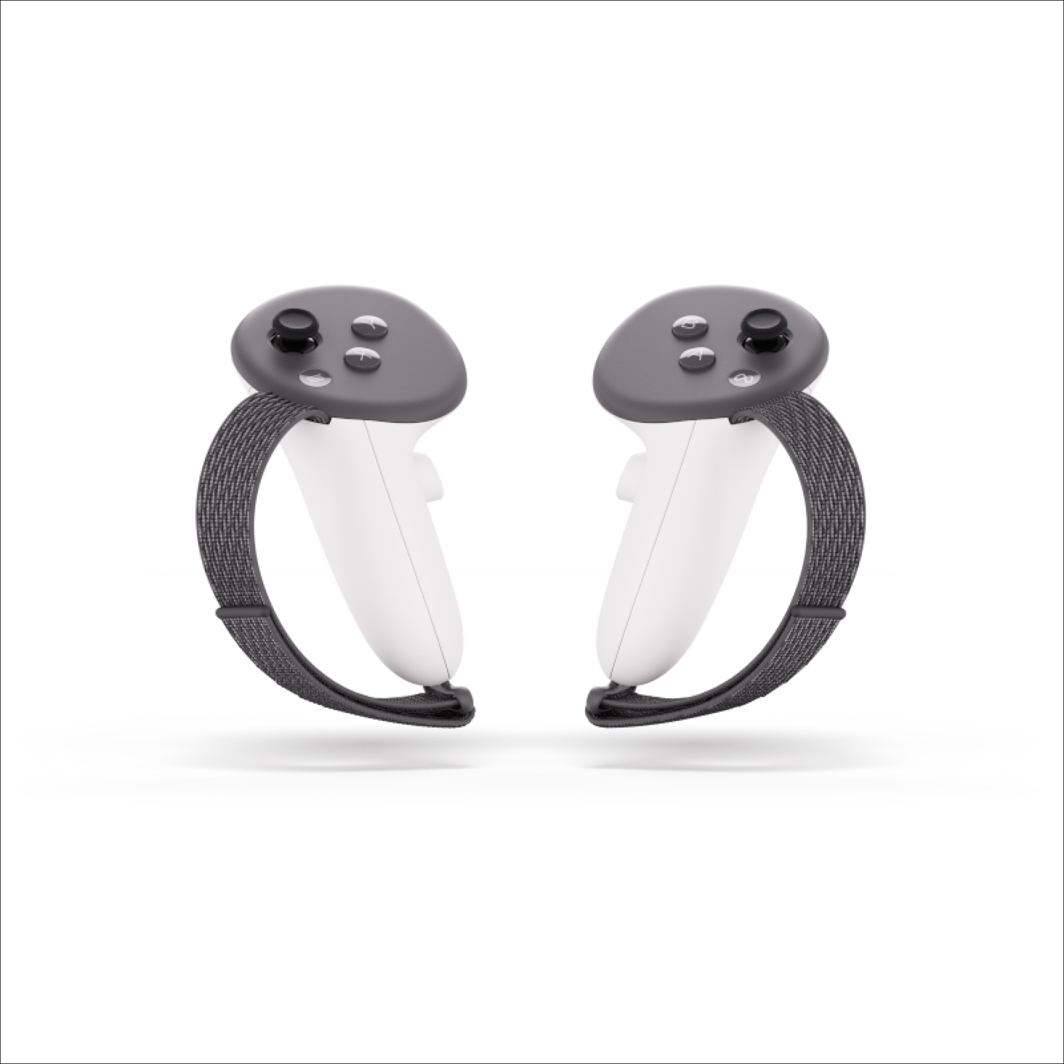 Twee witte en grijze VR-controllers met zwarte bandjes, tegen een witte achtergrond.