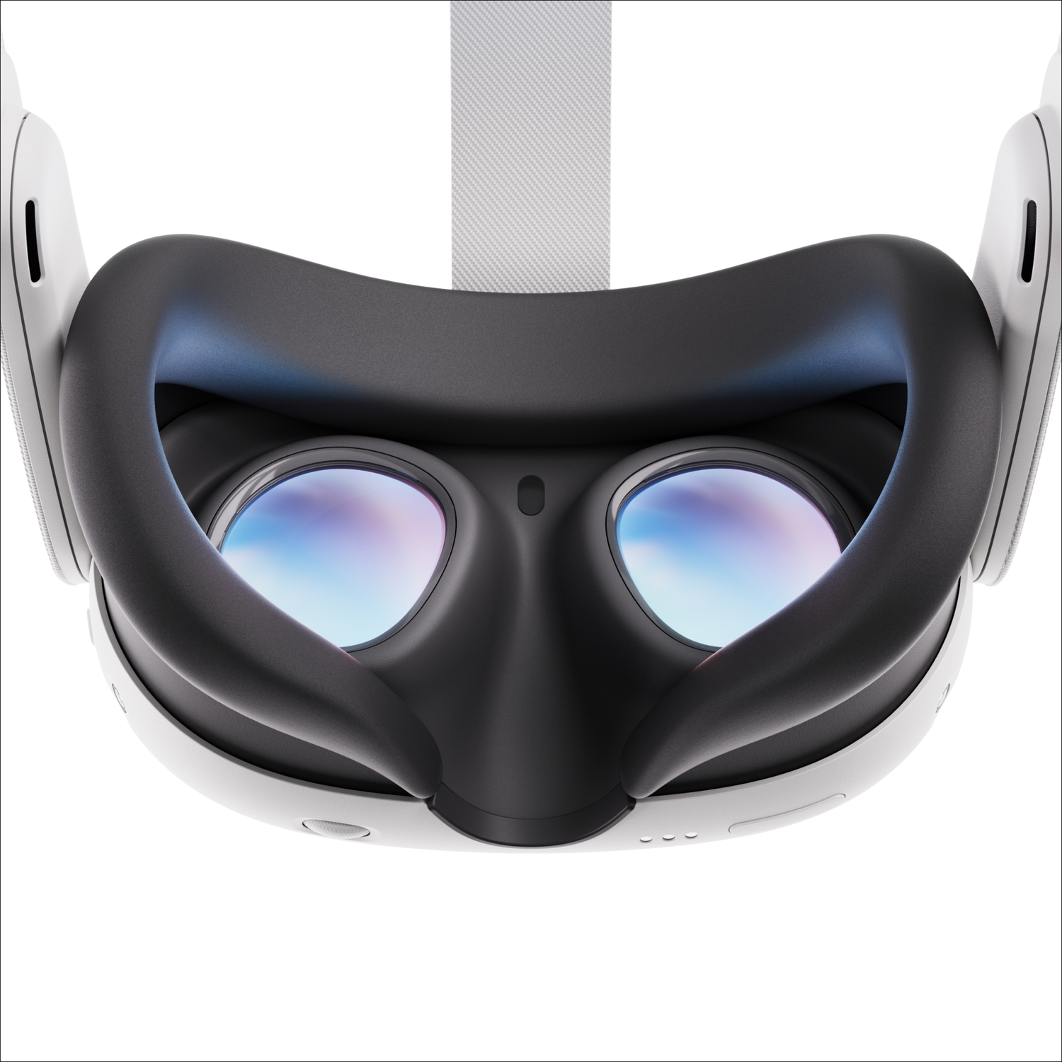 VR-headset met een zwart gezichtsmasker en twee lenzen, witte buitenkant.
