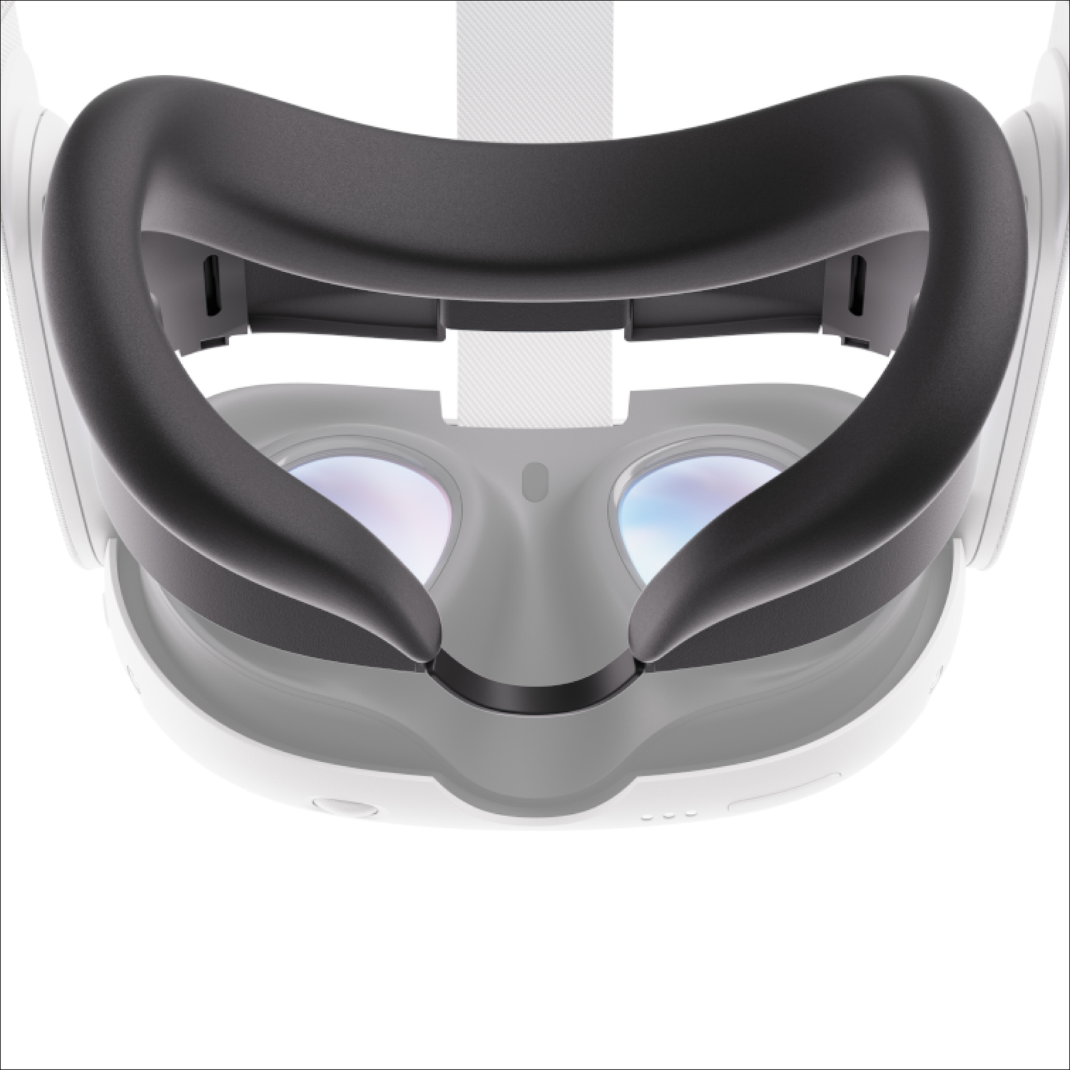 Close-up van een VR-headset. Hij is wit en heeft een zwart gezichtskussen en bandjes.