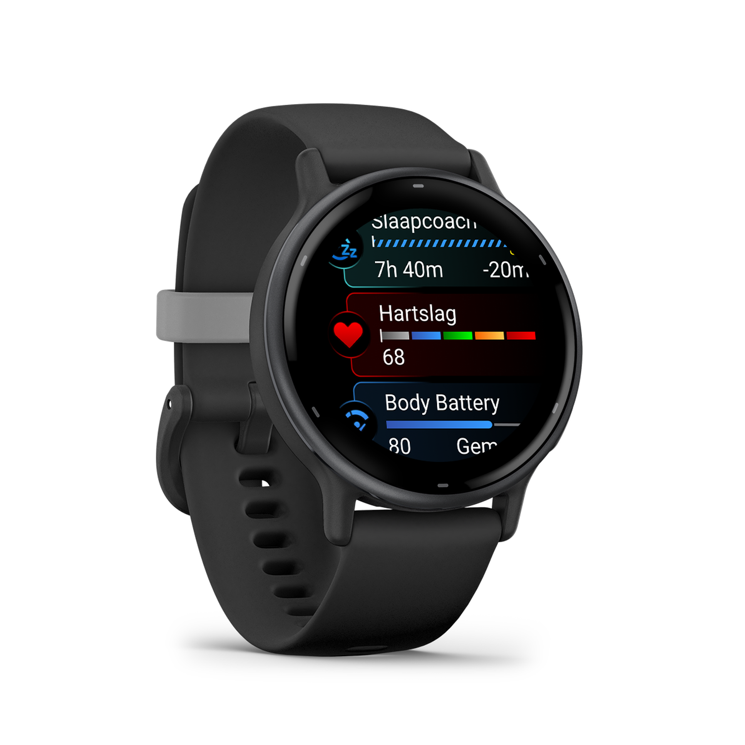 Zwarte smartwatch met slaapdata, hartslag en batterij. Grijze bandbevestiging. Geïsoleerd op witte achtergrond.