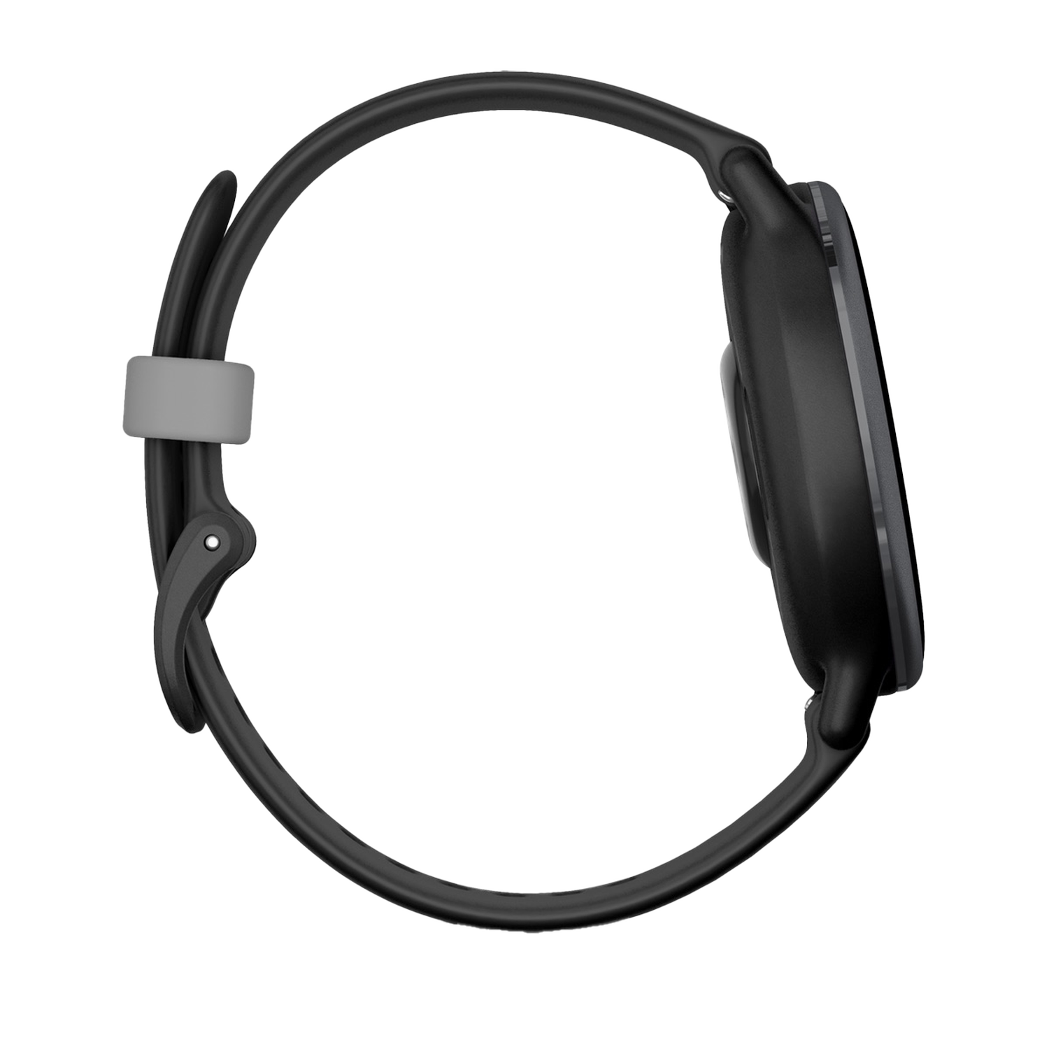 Zwarte smartwatch met een zwarte band, zijaanzicht. De band heeft een grijze riem om hem vast te zetten.
