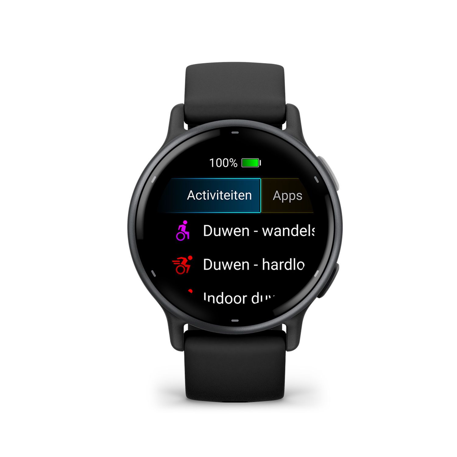 Een zwarte smartwatch met een cirkelvormig display dat activiteiten en app-opties toont. Zwarte band.