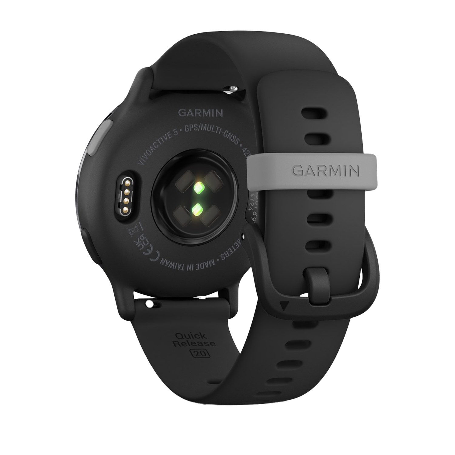 Achterkant van een zwarte smartwatch. Garmin-logo en horlogedetails zichtbaar.