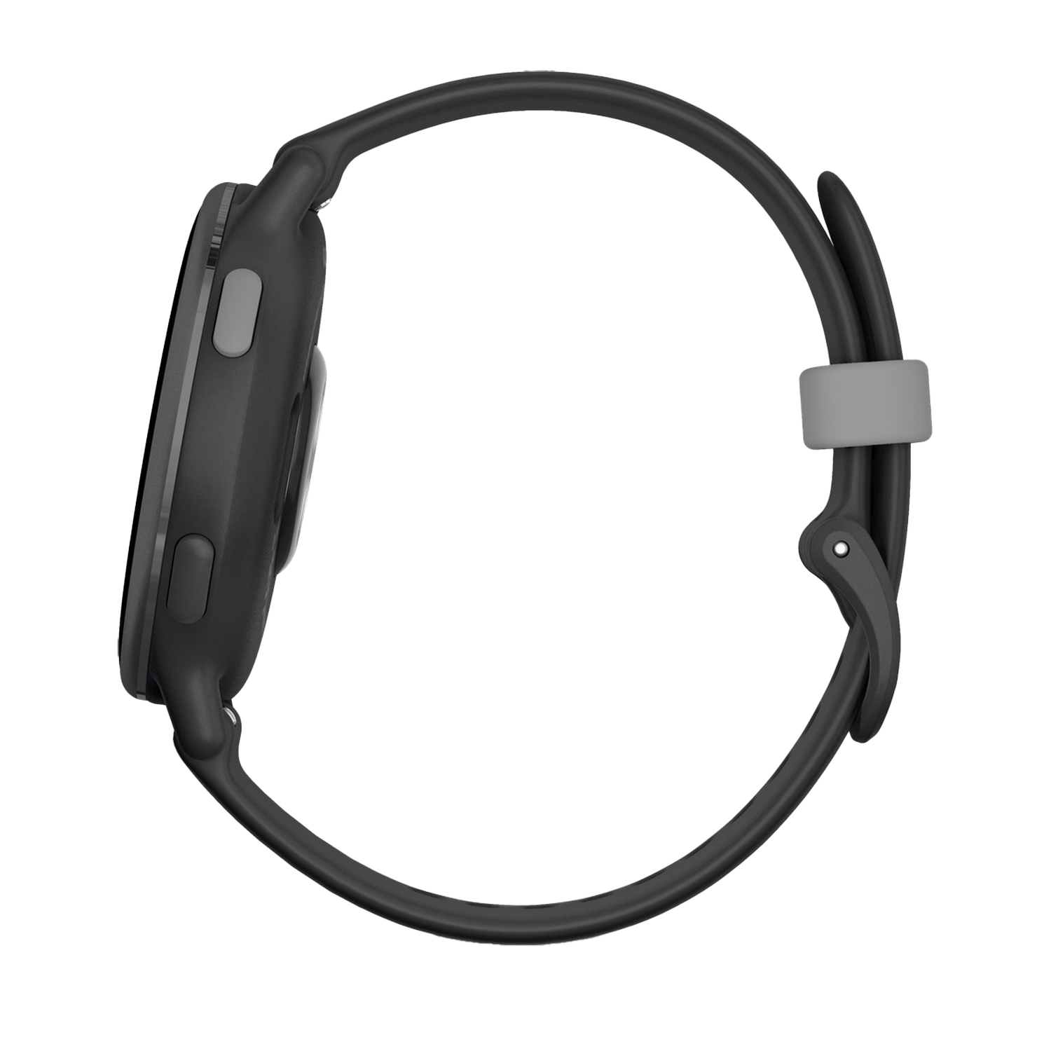 Zwarte smartwatch, zijaanzicht, toont de band en knoppen.