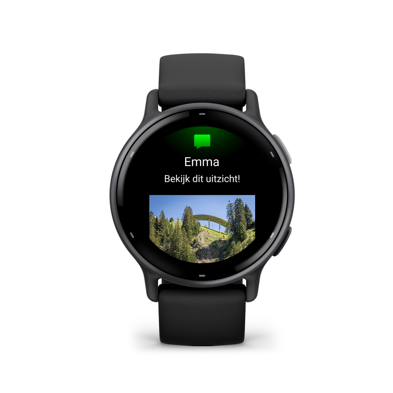 Zwarte smartwatch met een landschapsafbeelding en melding. Witte achtergrond.