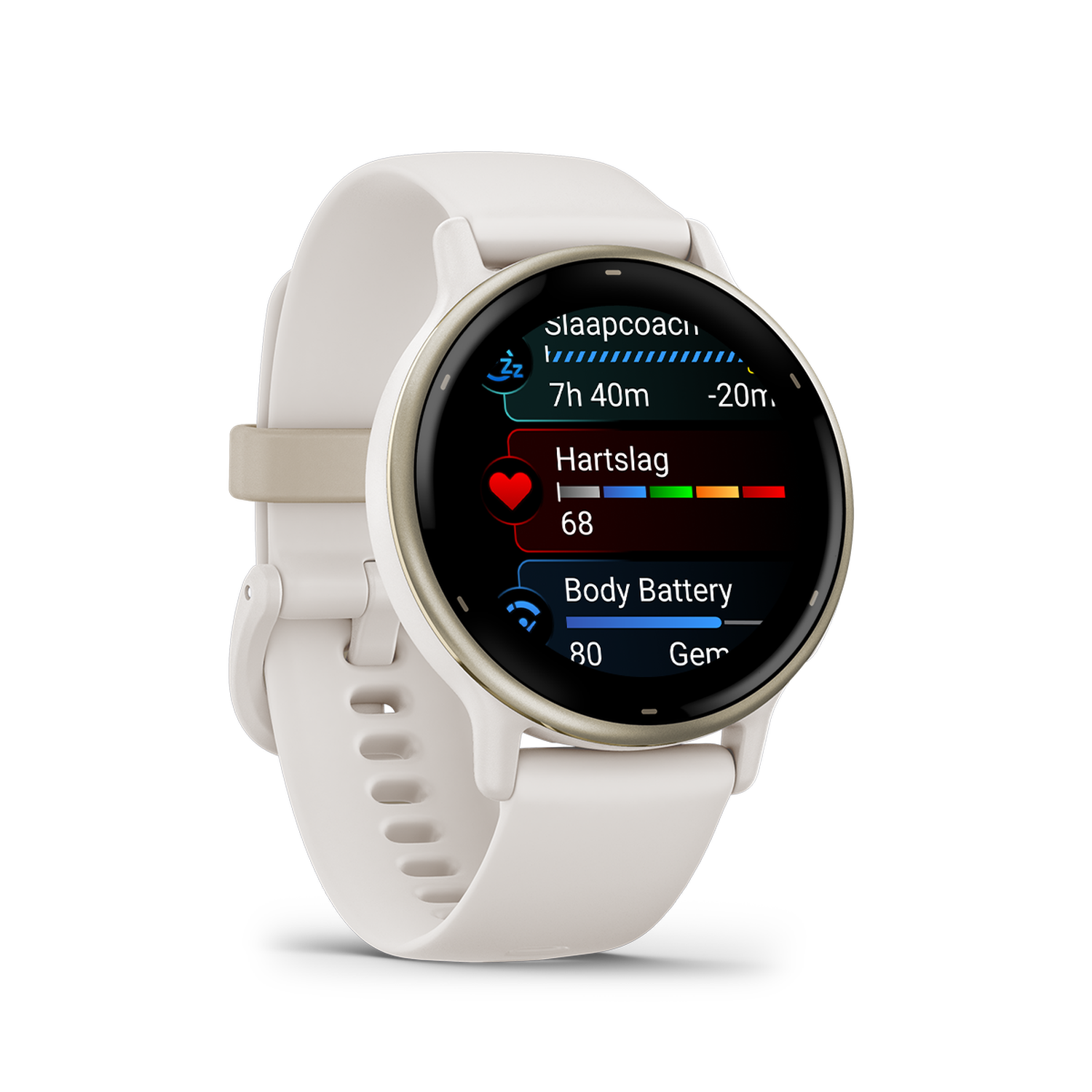 A smartwatch with a round display, showing heart rate, time, and activity data.