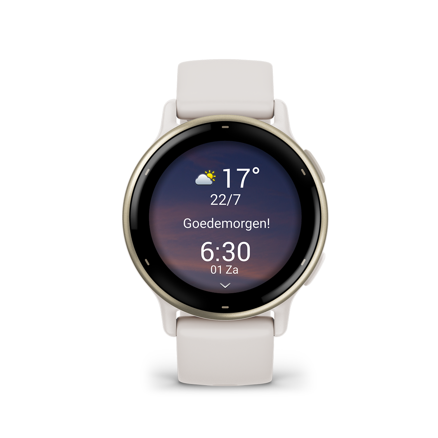 White smartwatch. Display shows weather, time, and message: Good morning! The date is 01 Sa.