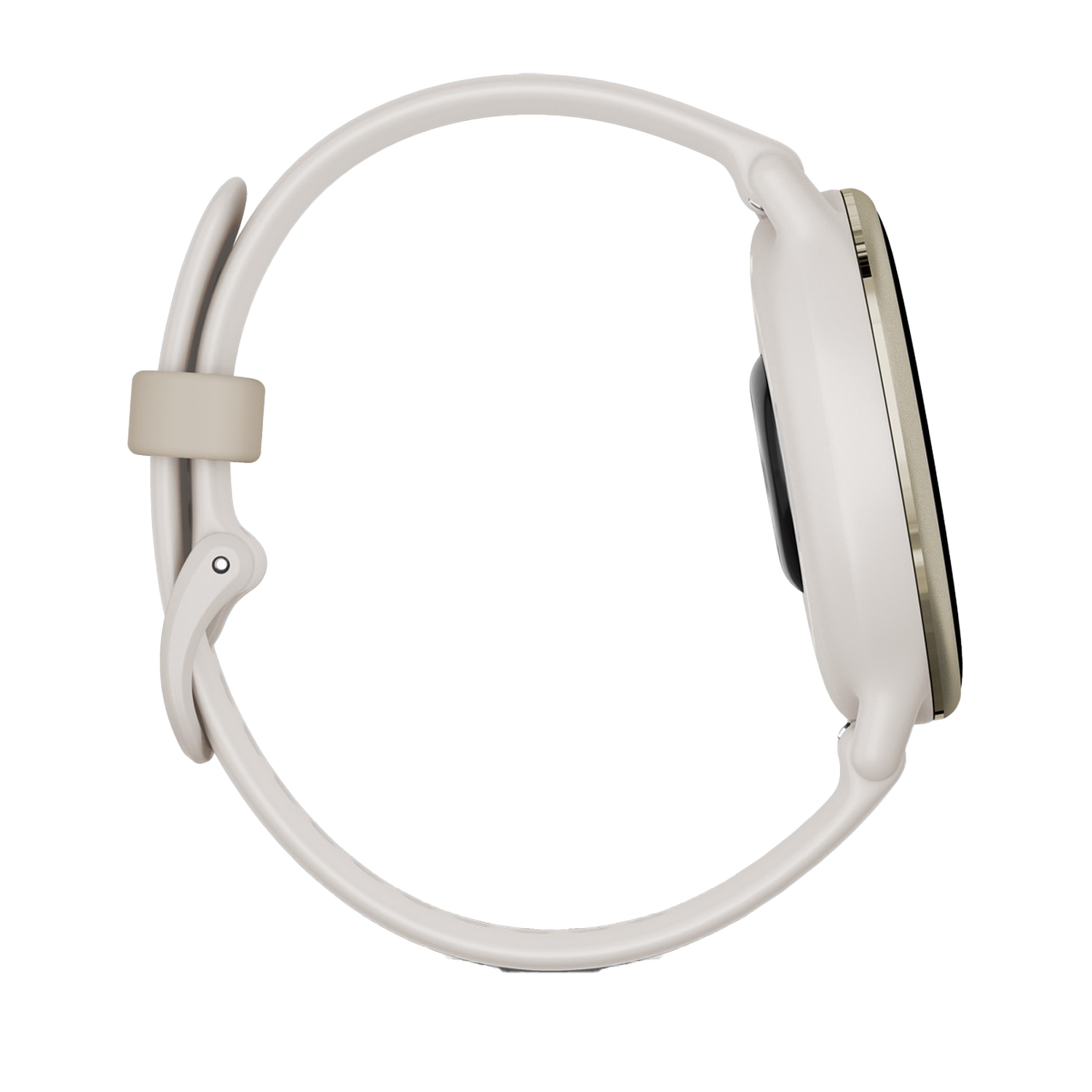 A white smartwatch with a light band, side view, and a black screen.