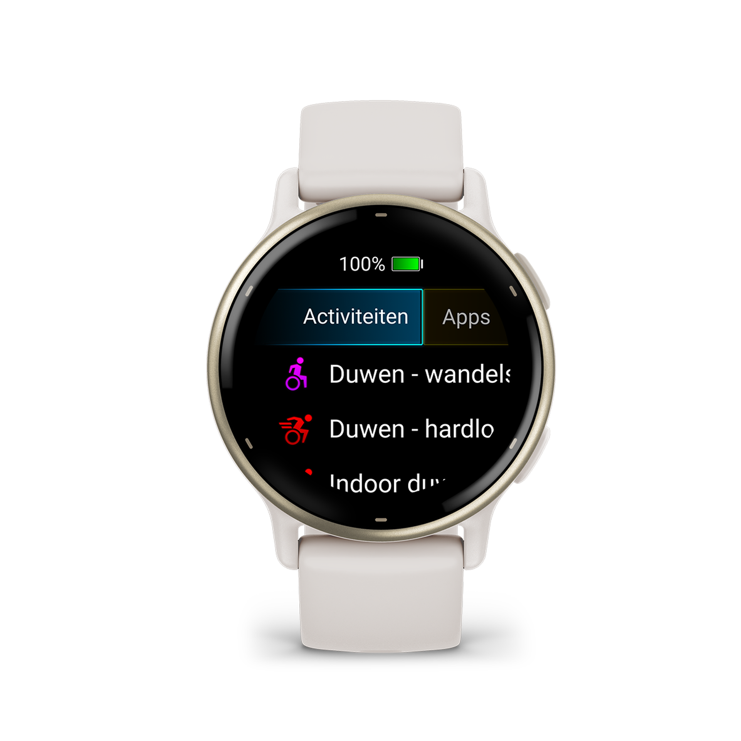 White smartwatch with activity and app icons on screen. White band. Green battery indicator.