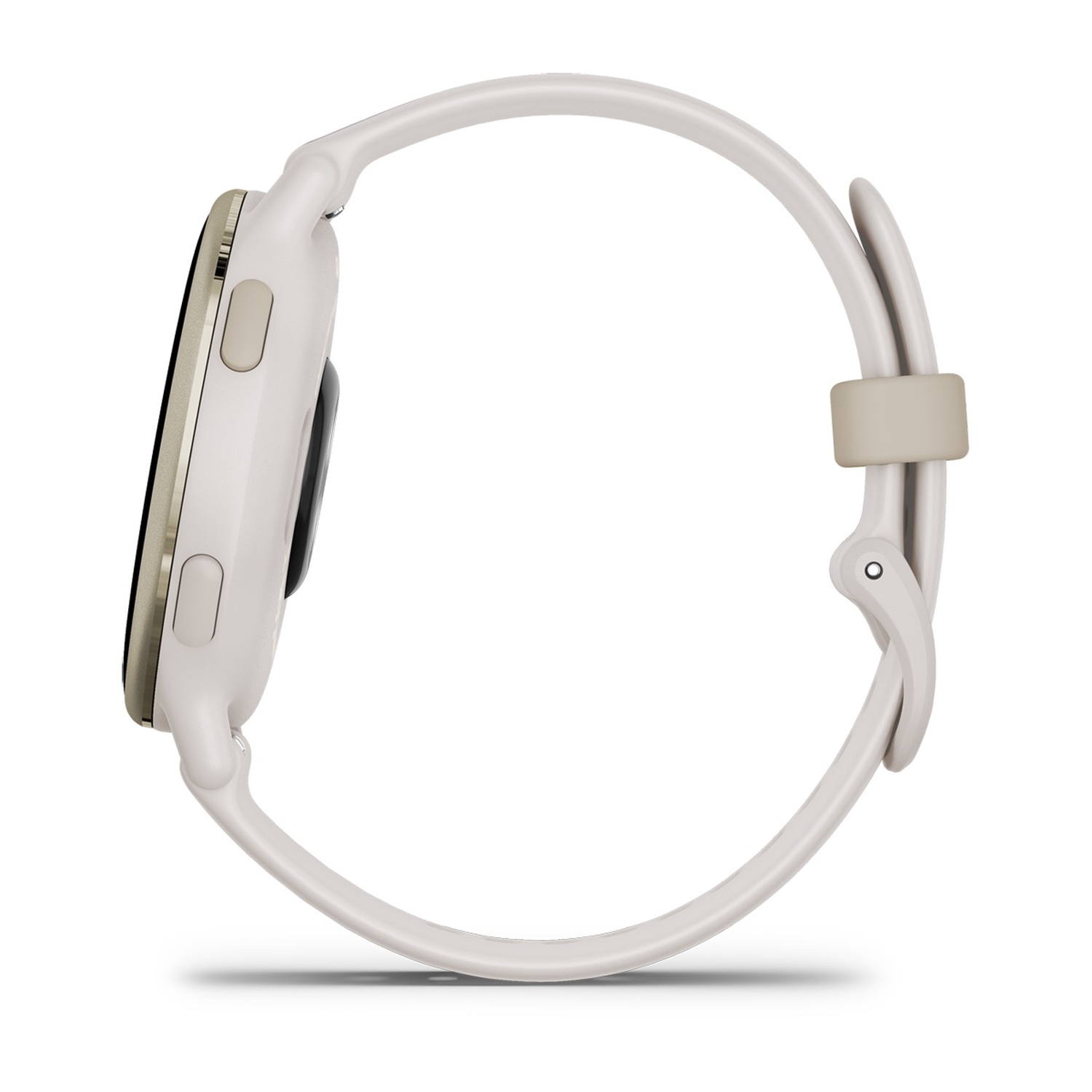 A white smartwatch with a white strap, shown in profile. The screen and side buttons are visible.