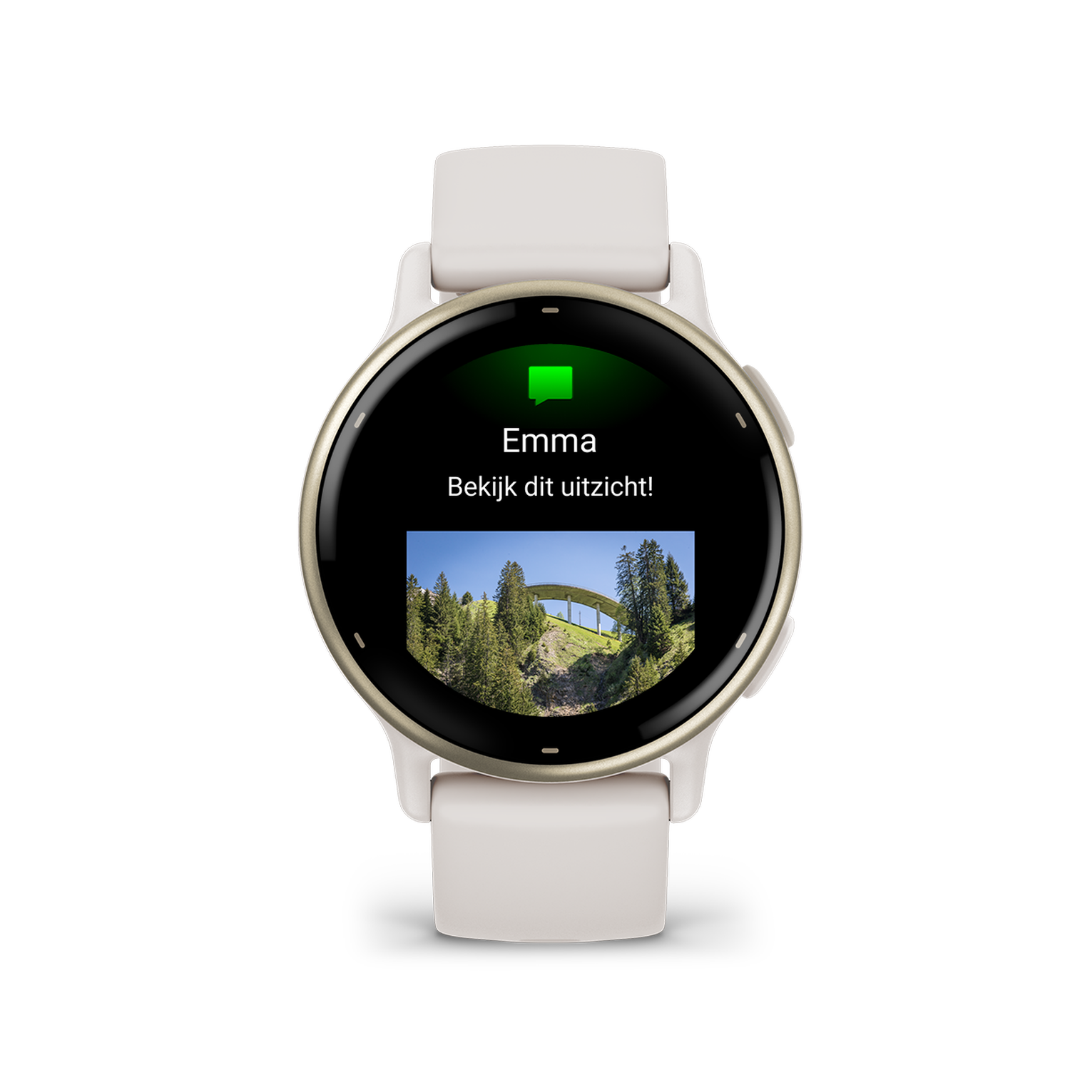 Gold smartwatch displaying a landscape image and notification. White background.