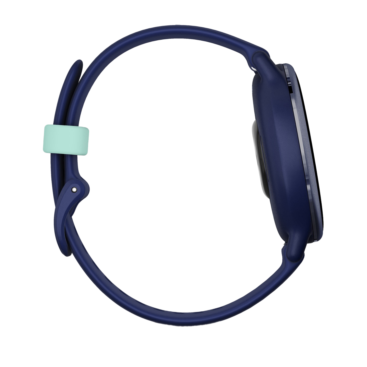 Navy blue smartwatch with a light green strap. The watch is shown from the side on a white background.